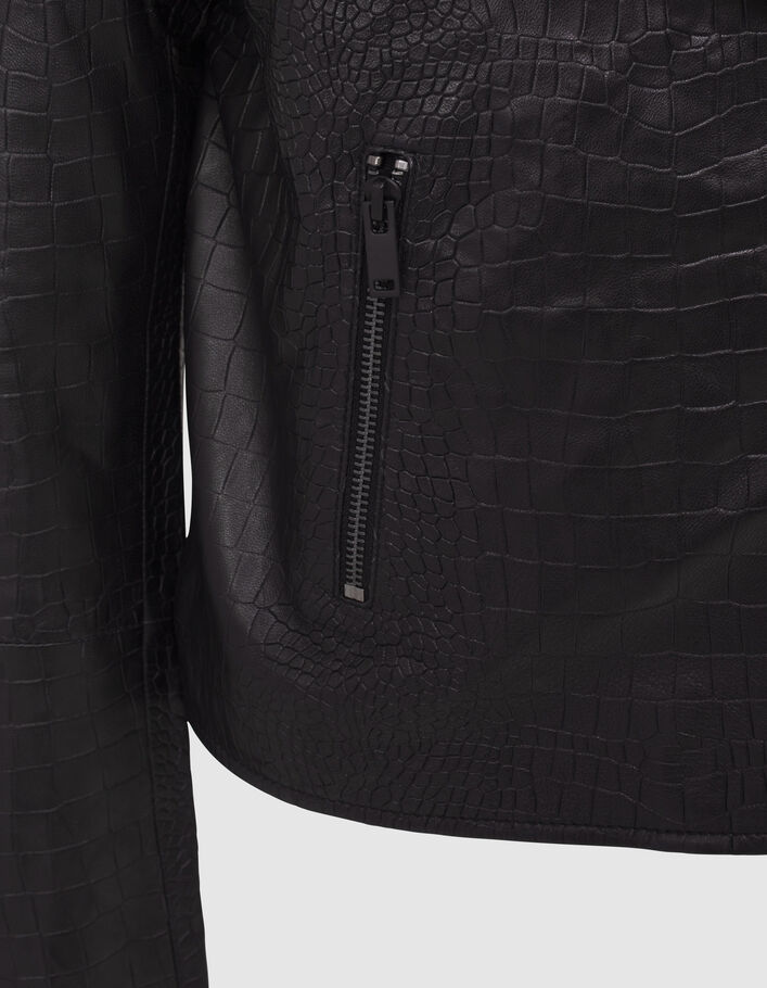 Veste en cuir noir esprit motard embossé croco Femme