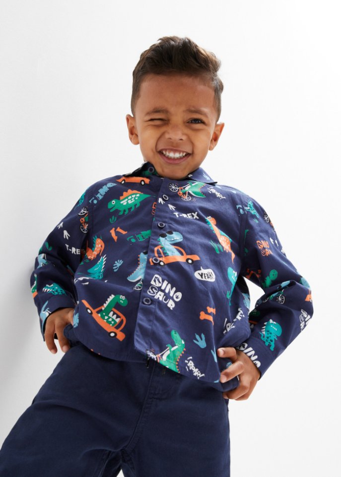 Jungen Langarmhemd mit Dinodruck, Slim Fit
