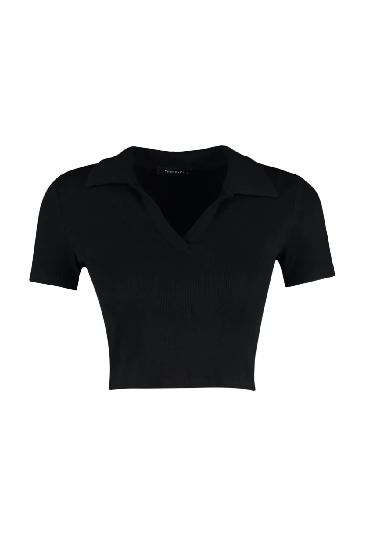 Trendyol Collection  Schwarze, taillierte, kurze, gerippte, dehnbare Strickbluse mit Polokragen TWOSS21BZ0038