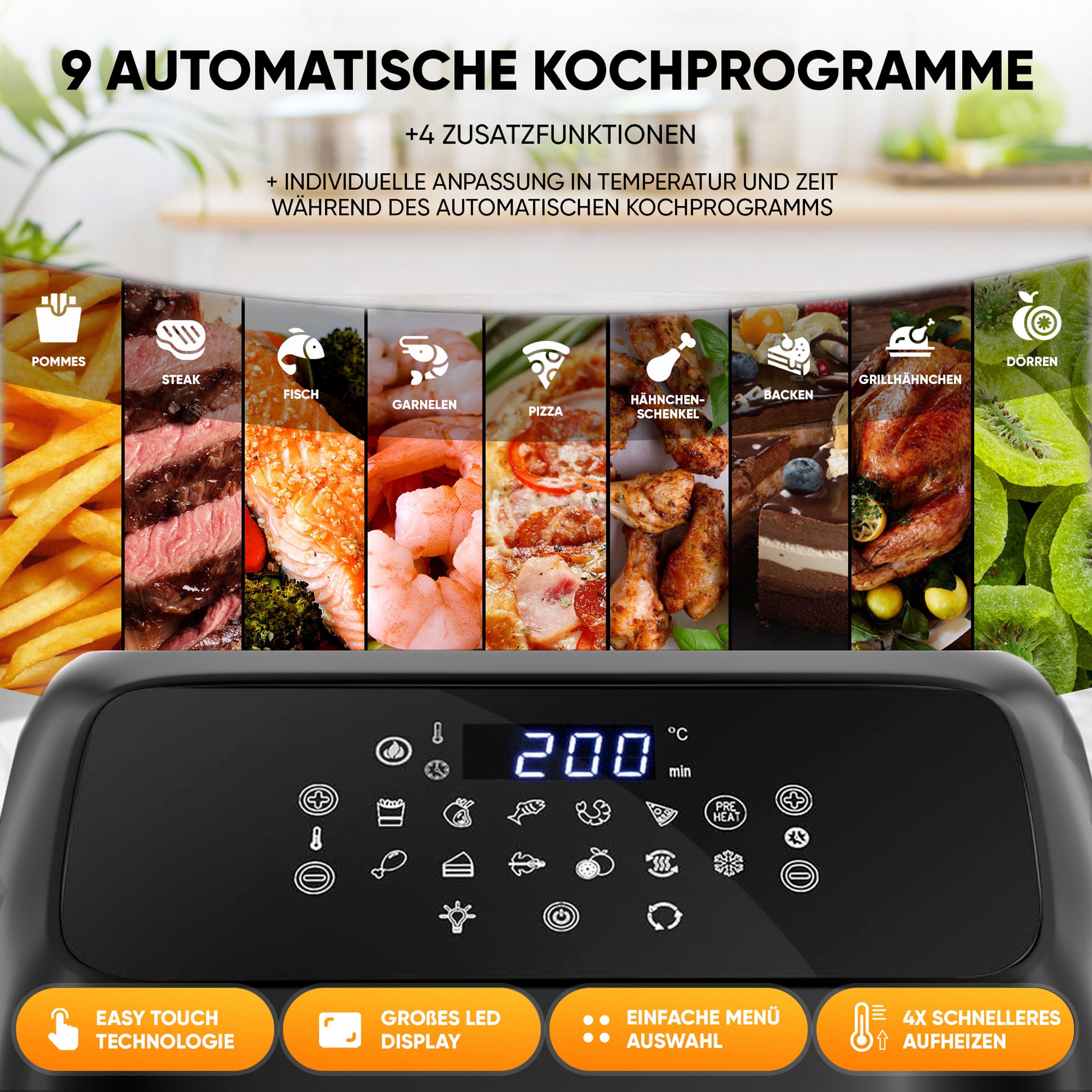 Stillstern Heißluftfritteuse MULTI-FryHD Touch 10.1, 4-in-1 (Frittieren, Backen, Dörren & Grillen), 12L mit 12 Kochprogramme, Vorheizen & Warmhalten