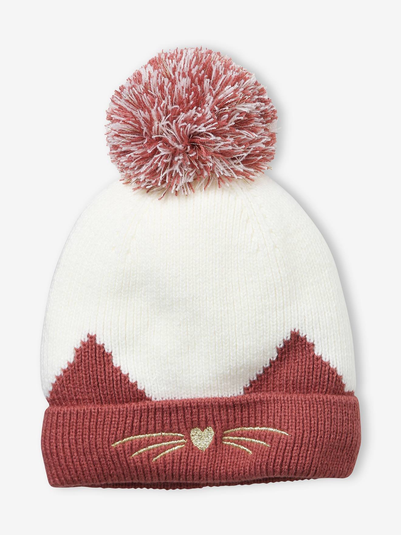 Bonnet brodé chat en maille côtelée rose foncé