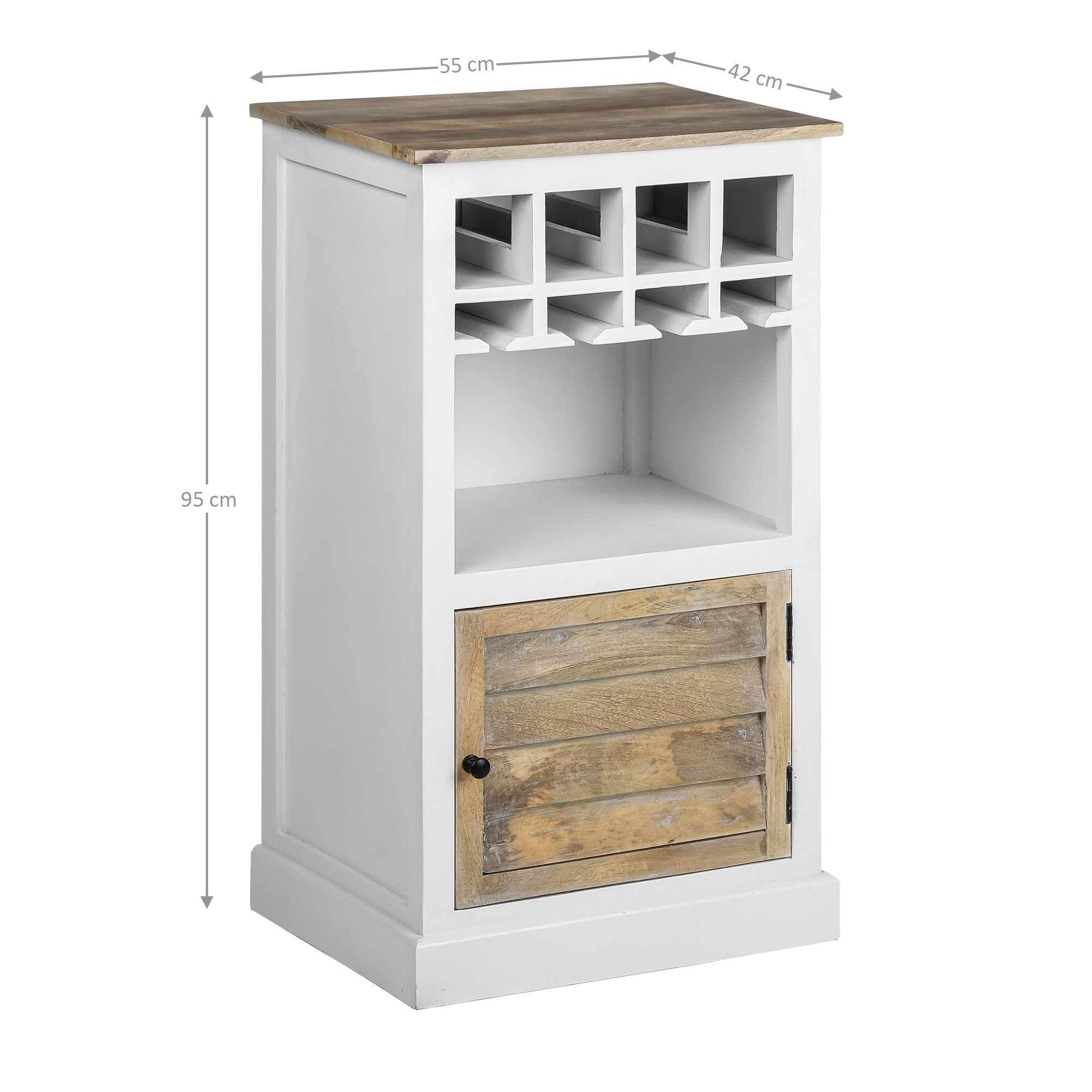 WOMO-DESIGN Weinregal Küchenschrank Peking Flaschenregal Weinständer Sideboard, Gläserhalterung 55x95x42cm Weiß/Holzoptik Unikat für 4 Flaschen