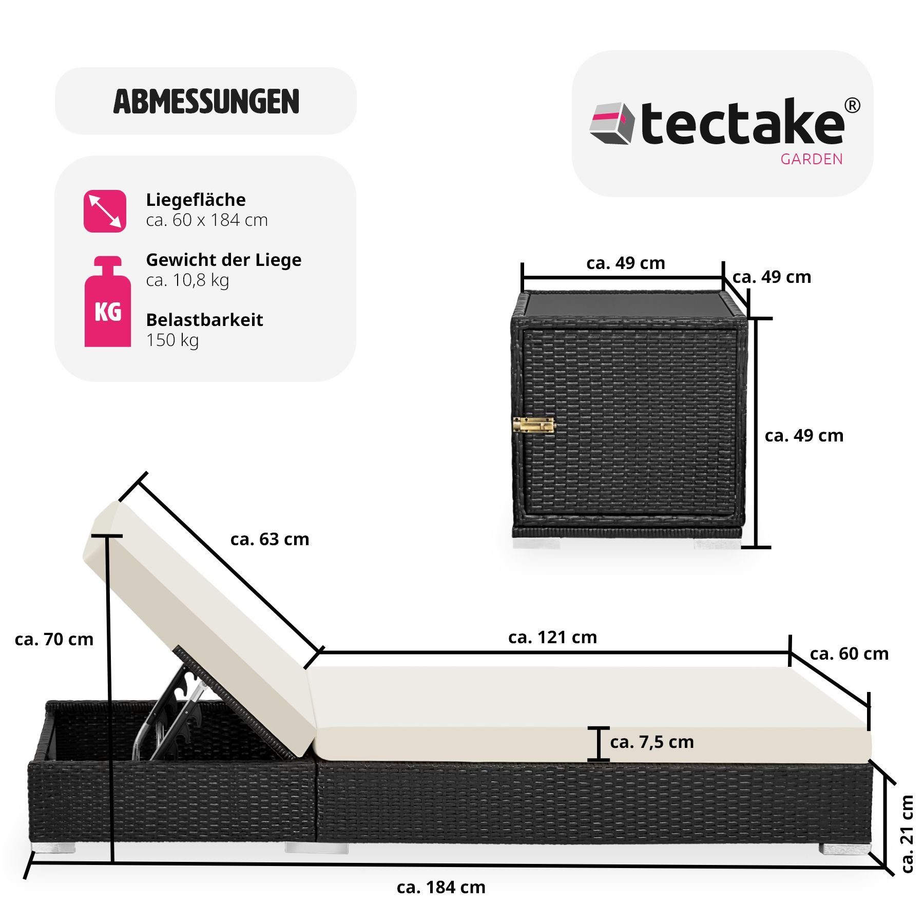 tectake Gartenliege 2 Sonnenliegen Rattan mit Aluminiumgestell und, 1, 1 St., 1tlg., Überdachung