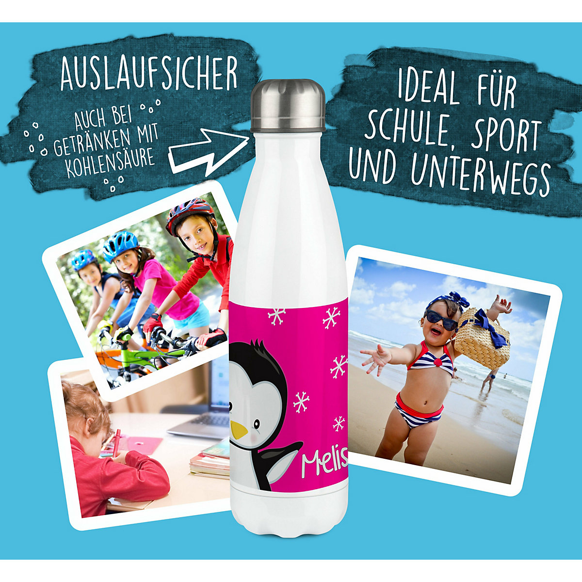 Edelstahl Kinder Thermoflasche / Trinkflasche bunt Pinguin Farbe pink Spülmaschinenfest, Auslaufsicher, Bruchfest, Doppelwandig, Für Heißgetränke geeignet, Mit Deckel, Isoliert