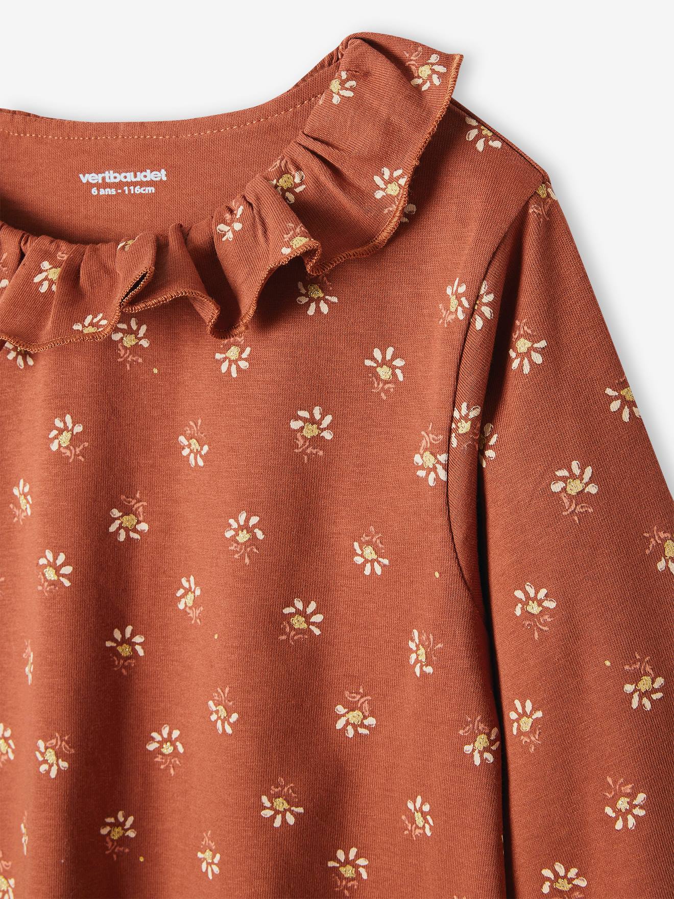 T-shirt blouse motifs irisés fleurs fille marron imprimé