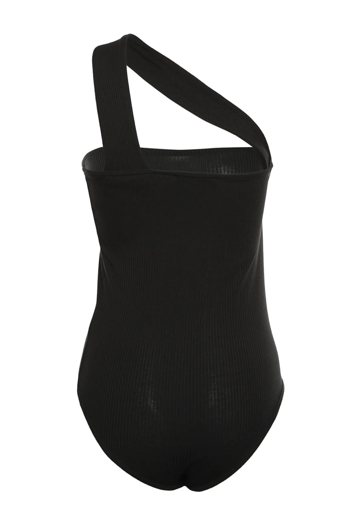 Trendyol Collection  Schwarzer gerippter, dehnbarer Strickbody mit Druckknöpfen und asymmetrischem Kragen TWOSS22BD00011