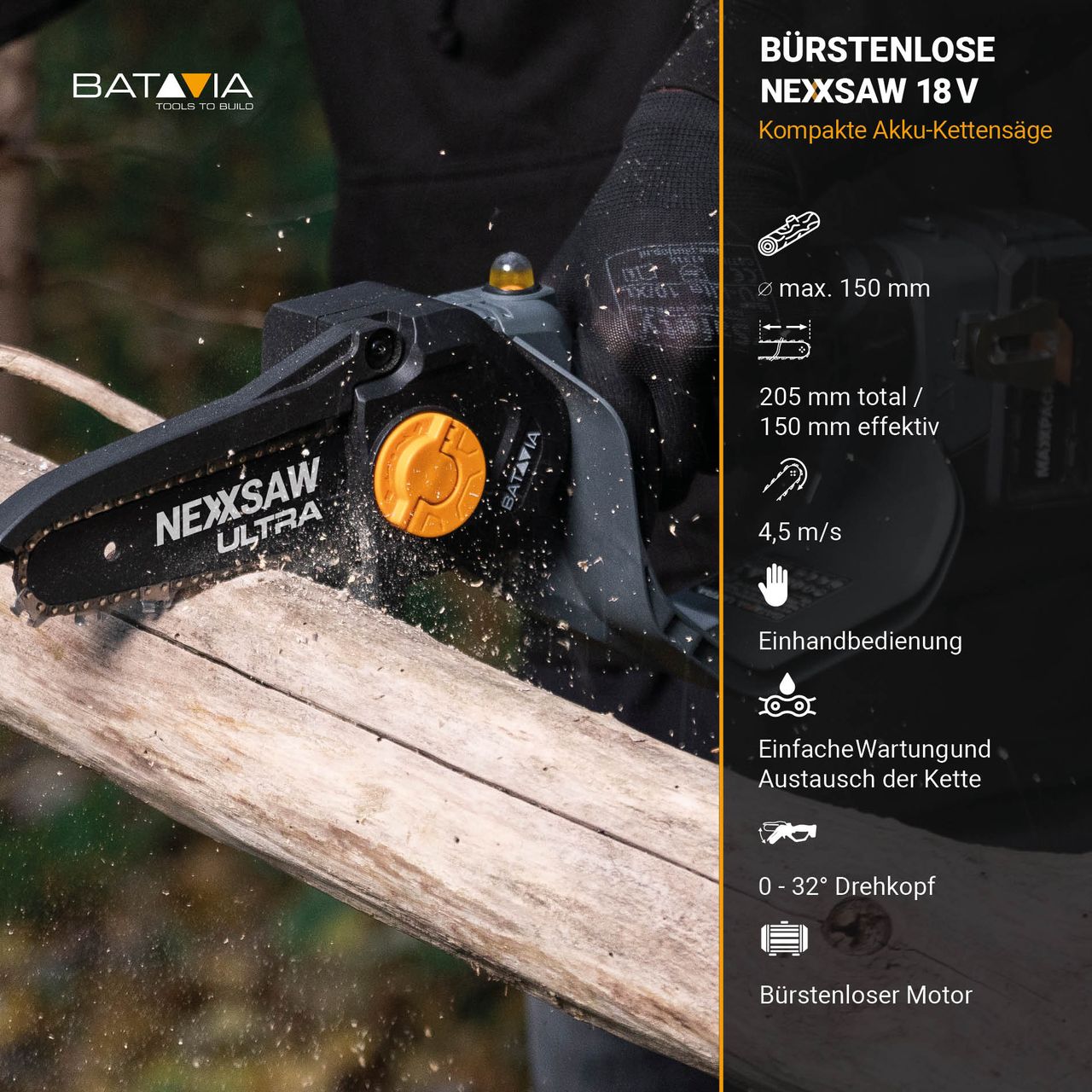 Batavia Nexxsaw V3 ULTRA 18V Brushless Akku-Einhand-Kettensäge 7' SET