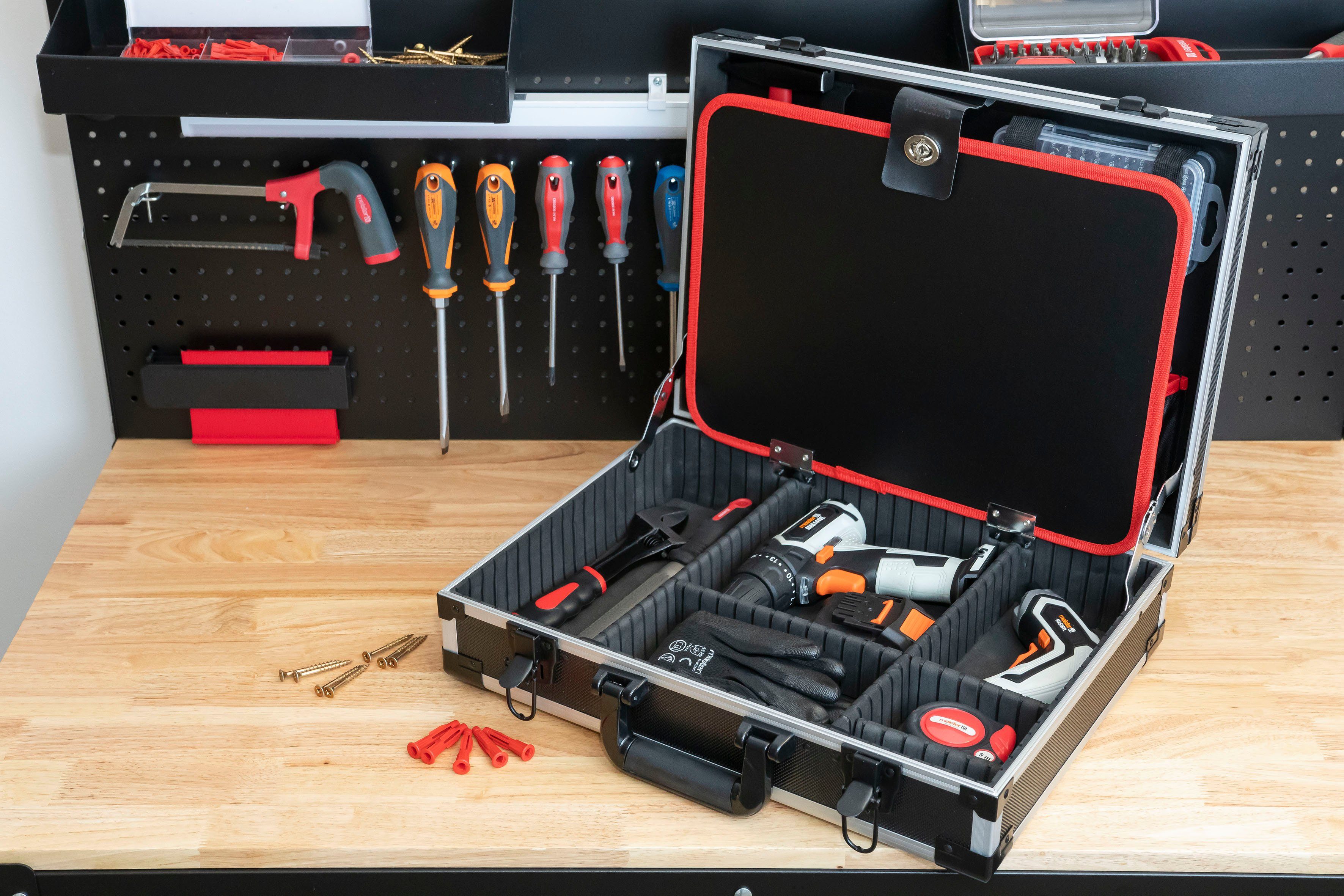 meister Werkzeugkoffer leer/9095070, individuelle Fachaufteilung, 15 Werkzeugtaschen, stabiler Alukoffer
