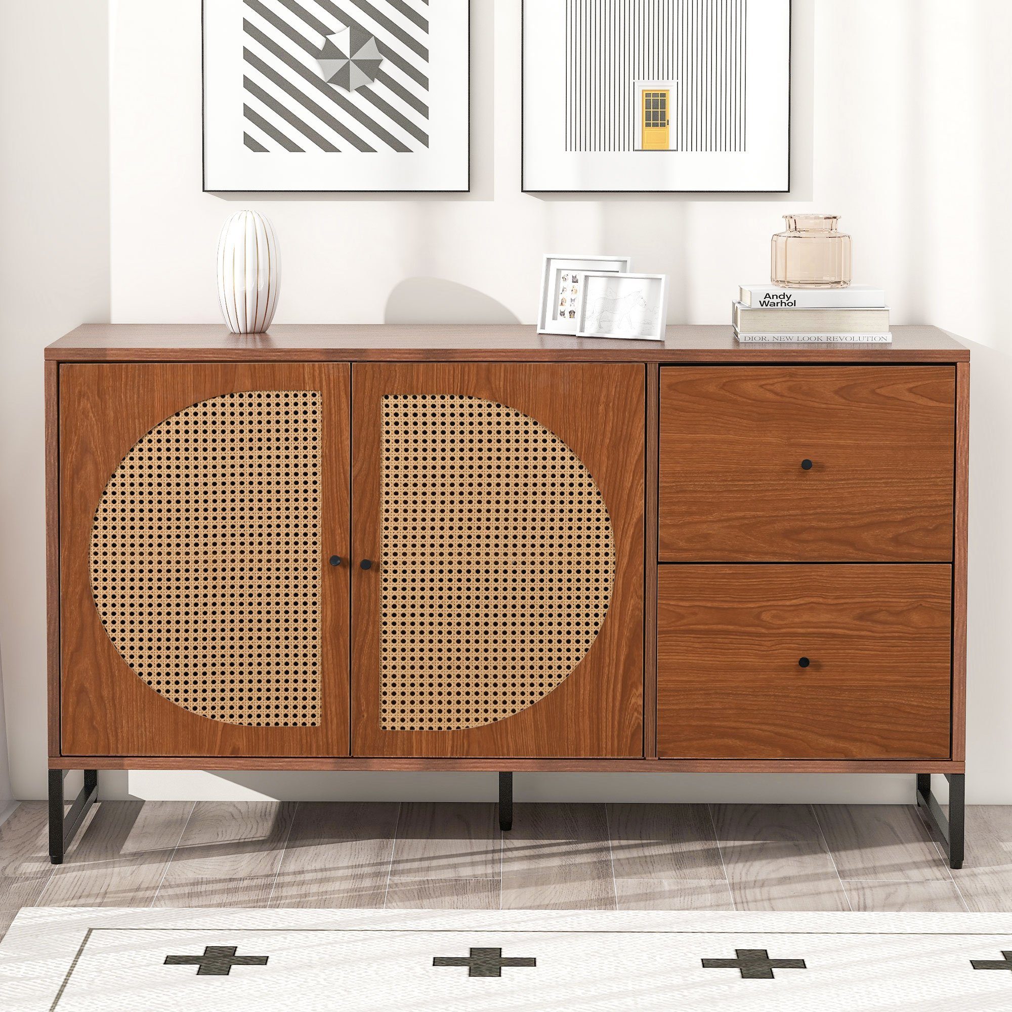 REDOM Sideboard Kommode Mehrzweckschrank (mit 2 Rattan verzierten Türen und 2 Schubladen Kommode Küchenschrank), Highboard mit Metallgriffe