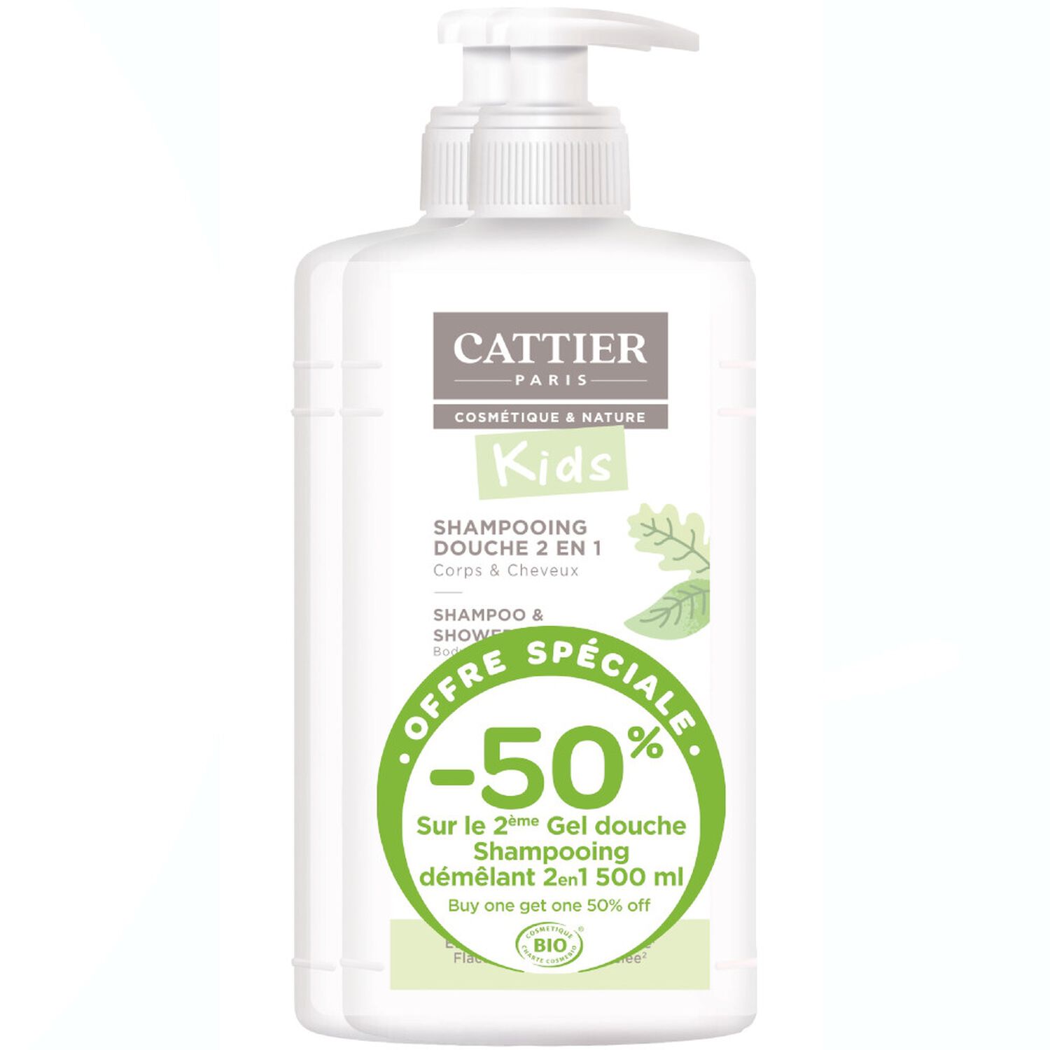 Cattier Shampooing Douche 2en1 Corps & Cheveux - Pomme Verte 2x 500 ml