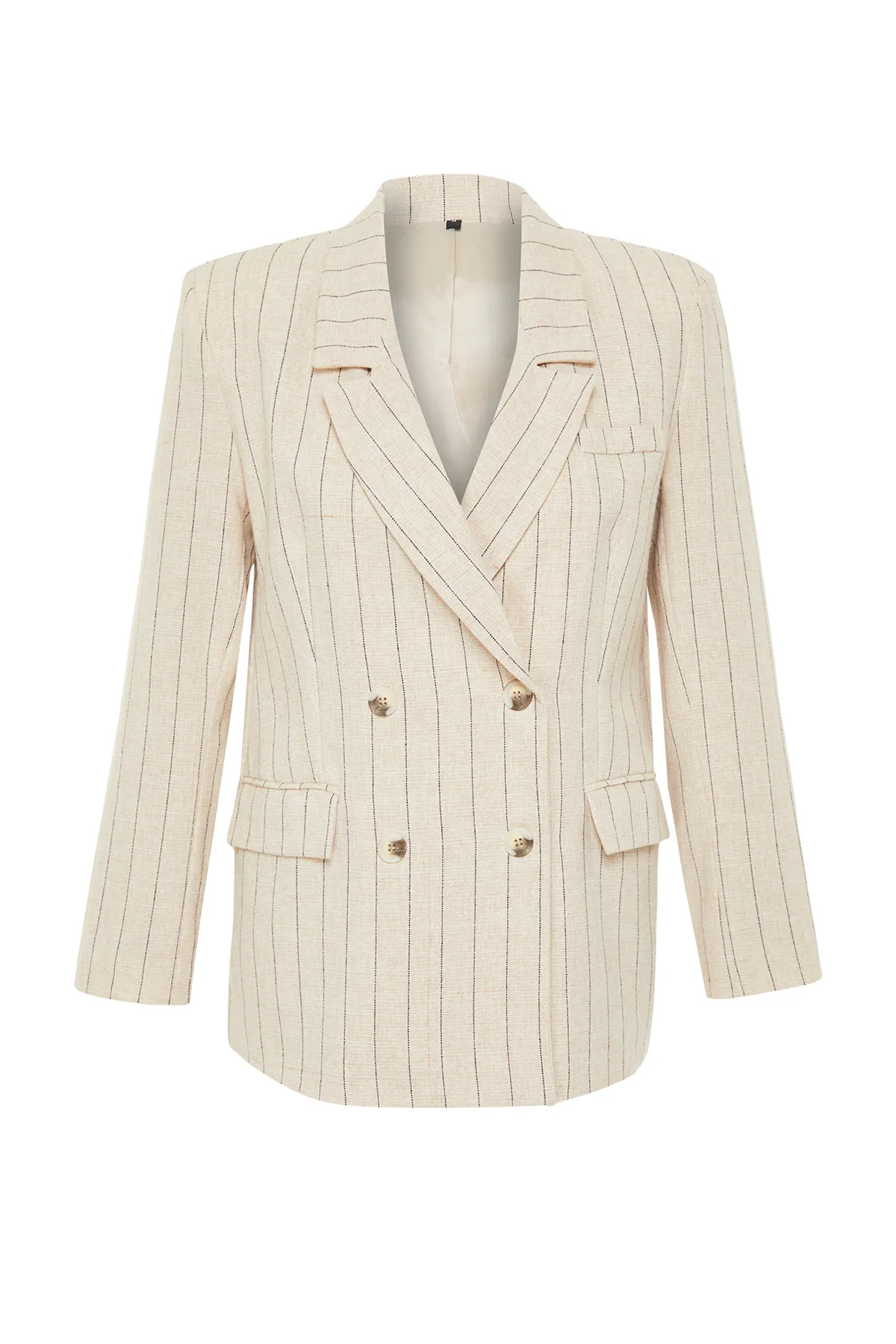 Trendyol Collection  Beige gestreifte zweireihige Blazerjacke aus gewebtem Baumwollleinen mit Verschluss TWOSS24BC00016