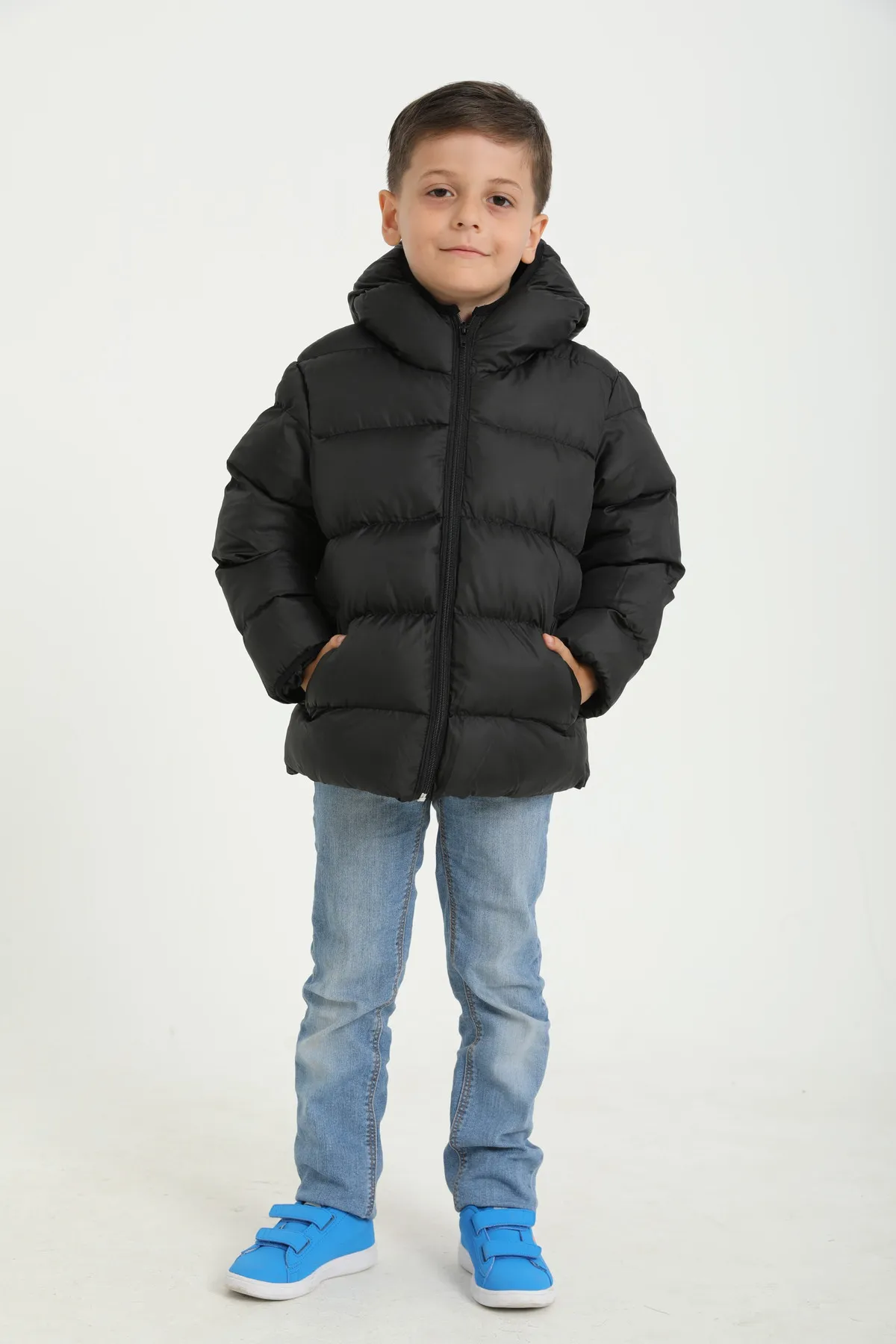 freemen  Schwarzer, wasserdichter, windabweisender Puffer-Wintermantel aus Fleece mit Fellkapuze für Jungen