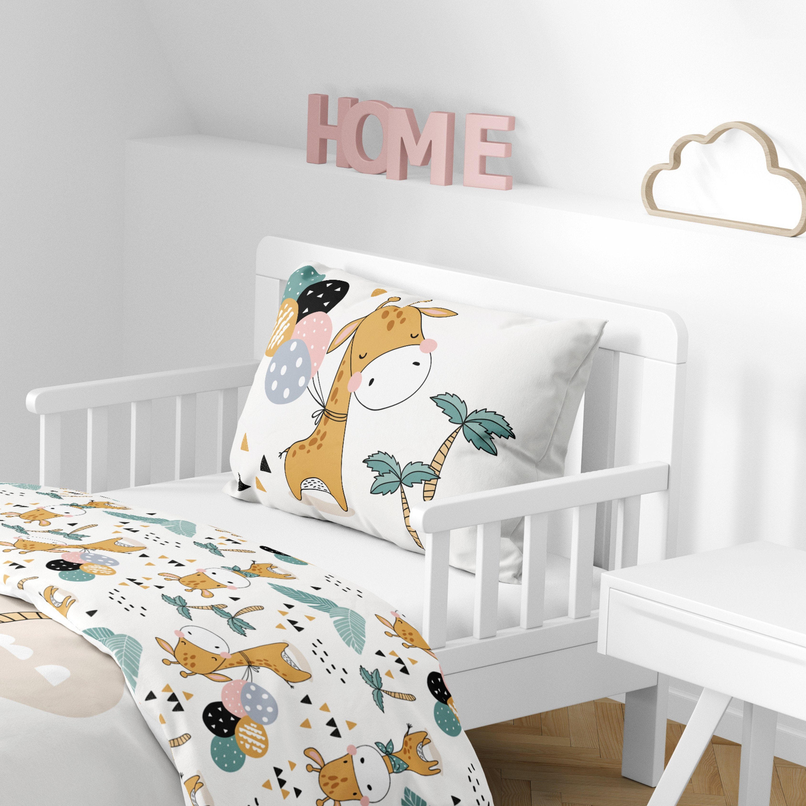 Babybettwäsche Giraffe 100x135 + 40x60 cm, 100 % Baumwolle, MTOnlinehandel, Renforcé, 2 teilig, süße Dream Big Little One Kleinkinderbettwäsche mit Reißverschluss