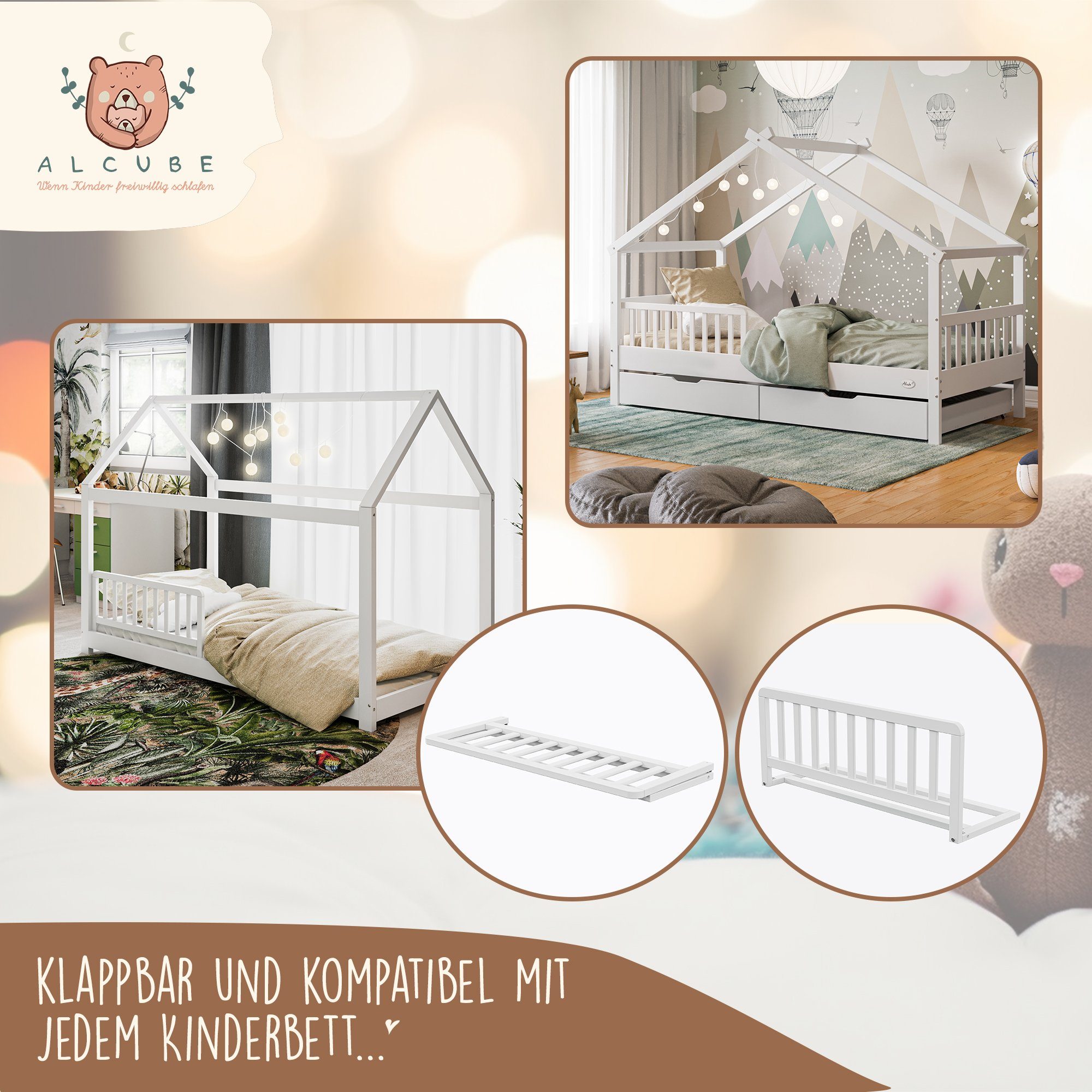 Alcube Bettschutzgitter für Kinder aus Kiefernholz I GRATIS Lieferung (90x36 cm Bettgitter in weiß I kombinierbar mit dem Elternbett oder, Kinderbett wie Hausbett), Tipibett I verwendbar als Rausfallschutz für Bett