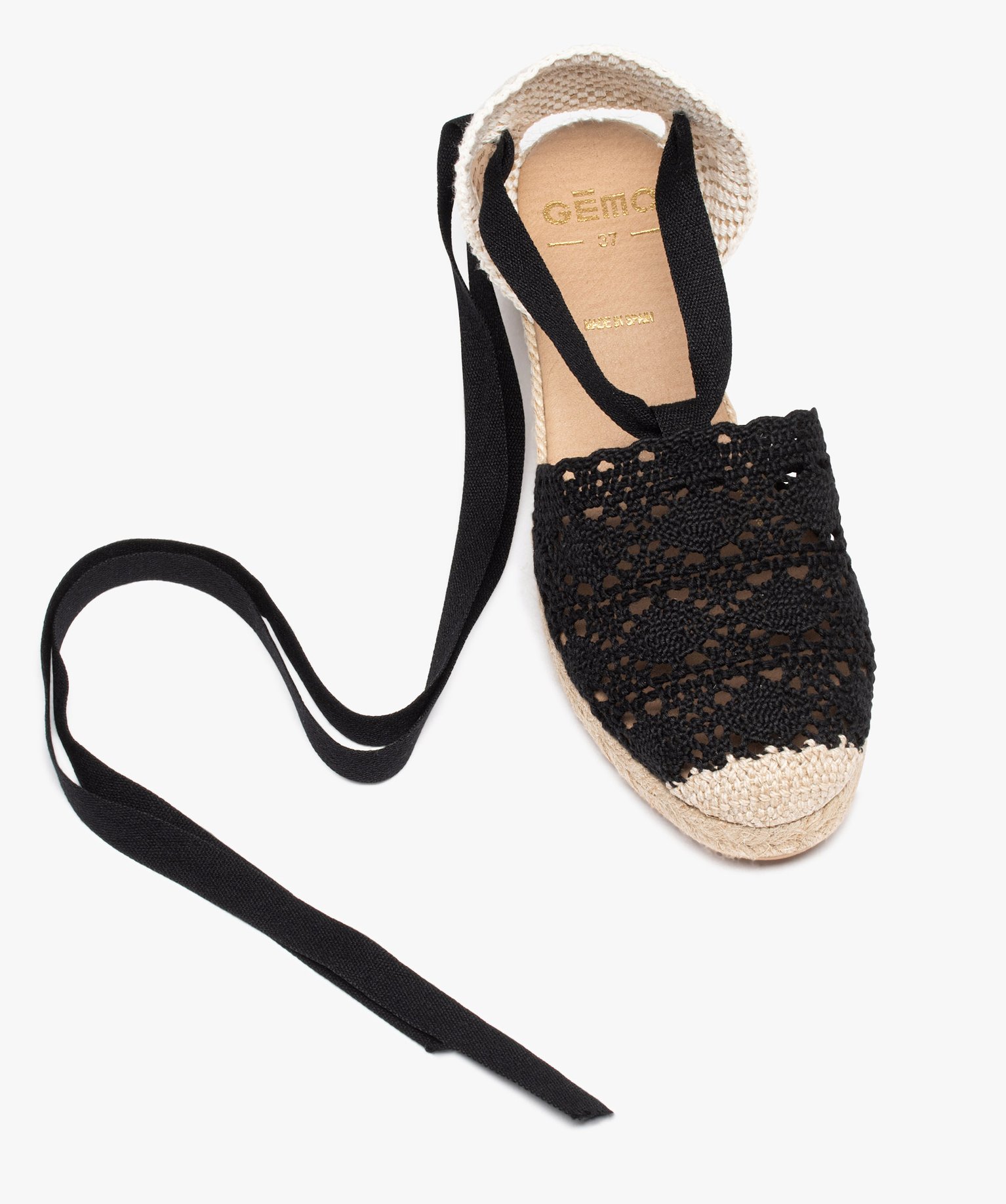 Sandales femme unies à talon compensé avec dessus en macramé noir | GEMO