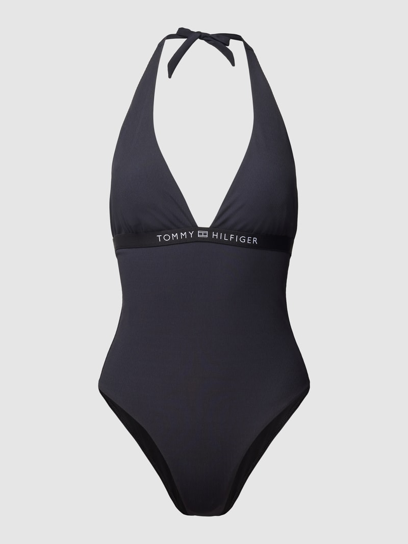 Badeanzug mit Label-Detail Modell 'HALTER' in schwarz
