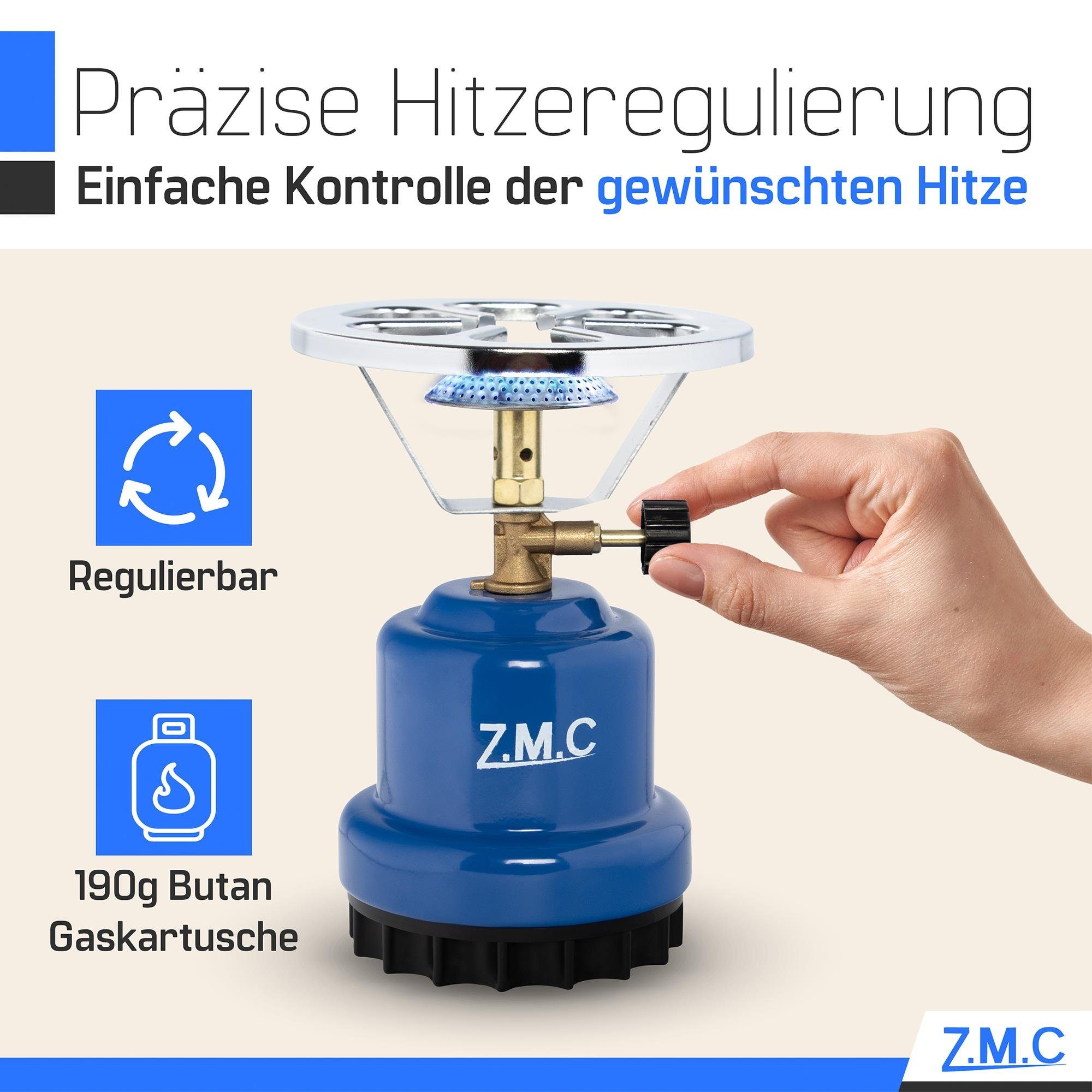 ZMC Gaskocher Campingkocher Gaskocher Shisha Kohleanzünder + 10x Gaskartuschen 190g, (Maximale Temperatur: 1100W / Gewicht: 520g / Butangas), Butangasbrenner Kartuschenkocher Kochfeld für Festivals, Wanderungen