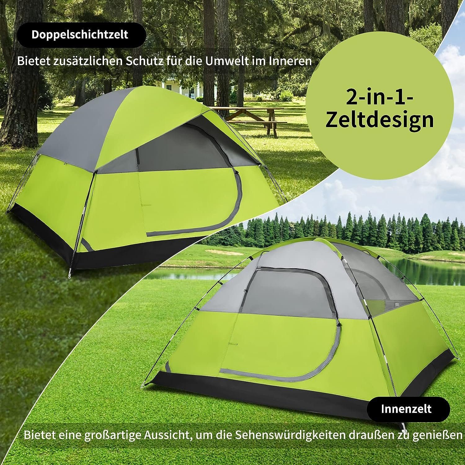 KOMFOTTEU Kuppelzelt Campingzelt, Personen: 2, wasserdichtes Zelt mit Bodennägeln & Seilen