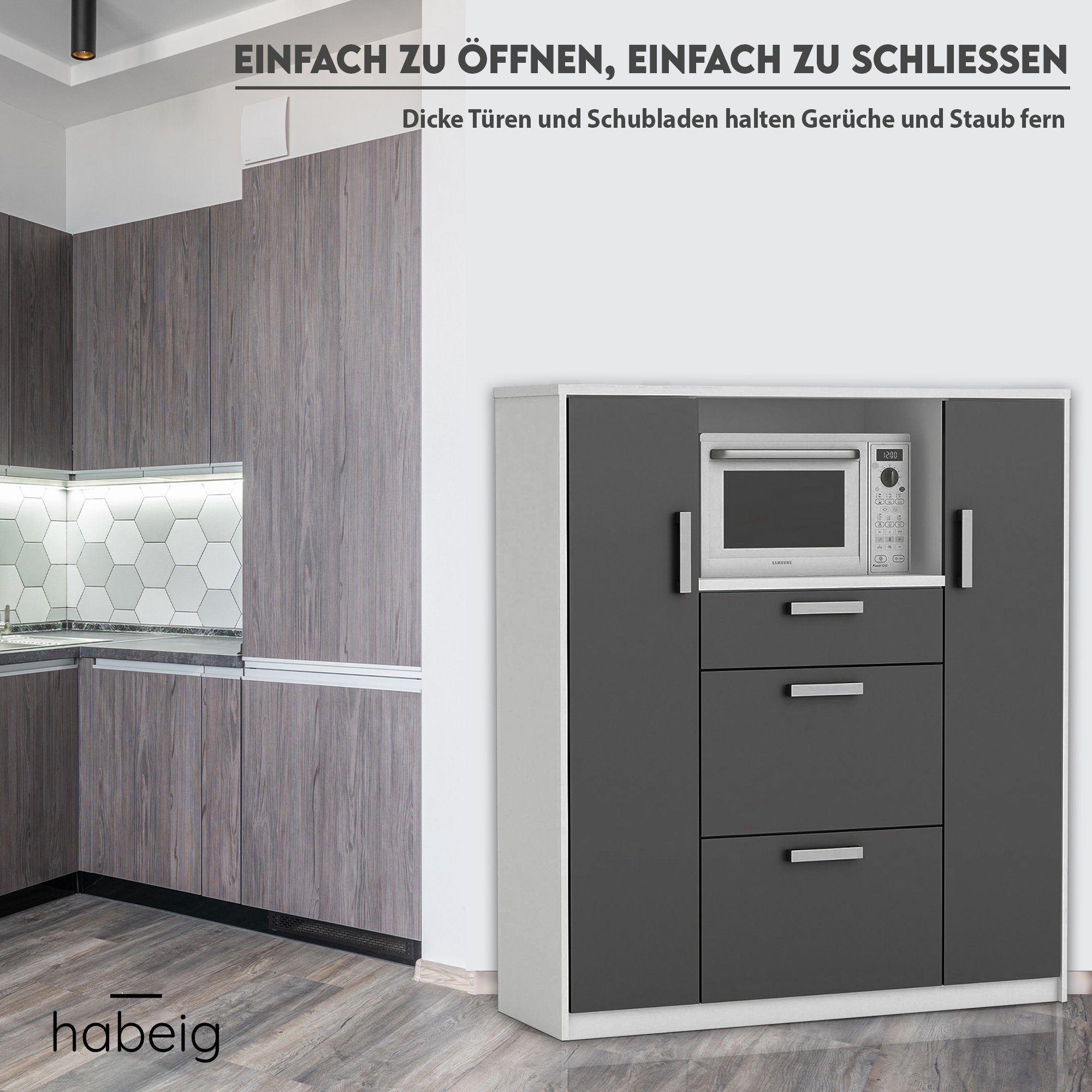 habeig Küchenbuffet Küchenschrank Singleküche Küchenregal Schrank Küche Küchenbuffet Schubladen auf Rolllaufleisten aus Metall