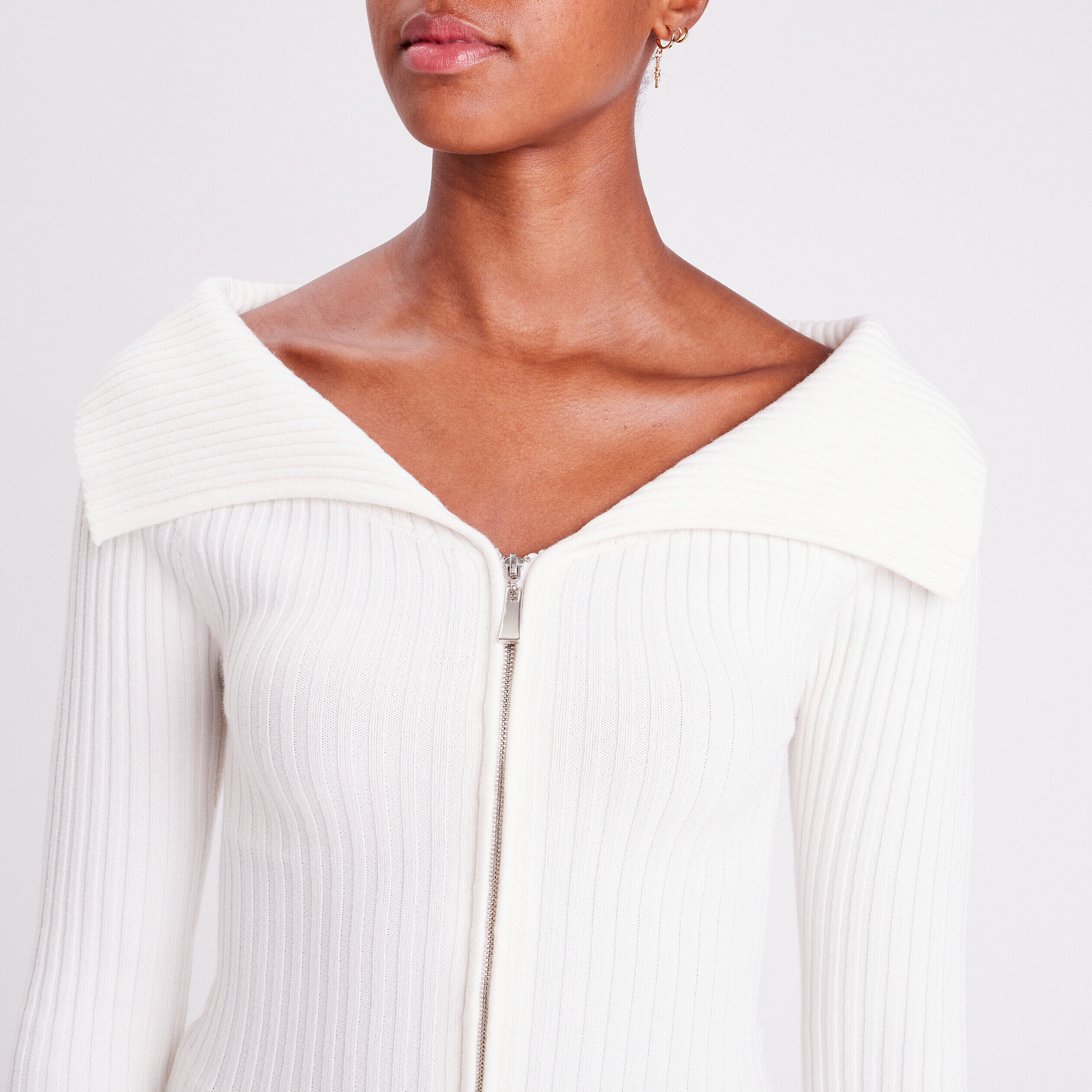 Gilet côtelé col bardot ecru femme | Cache Cache