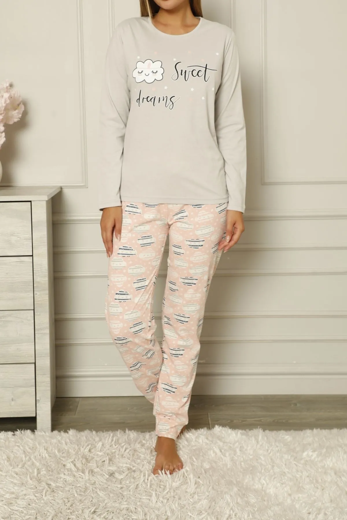 Nicoletta  Damen-Pyjama-Set Baumwolle Grau
