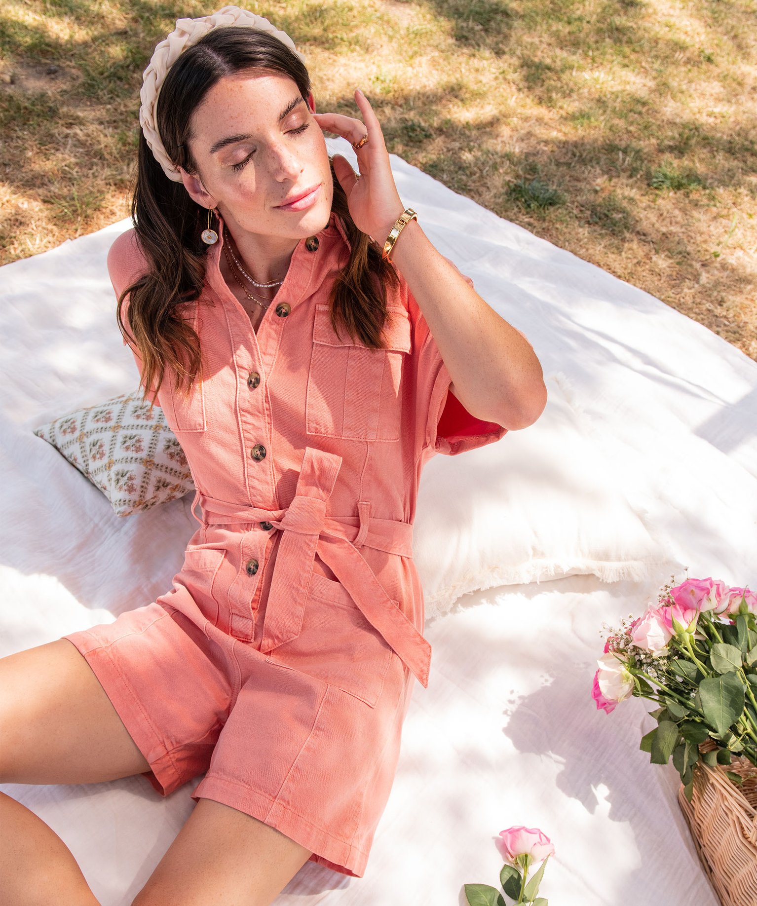 Combishort en toile denim à manches courtes femme orange | GEMO