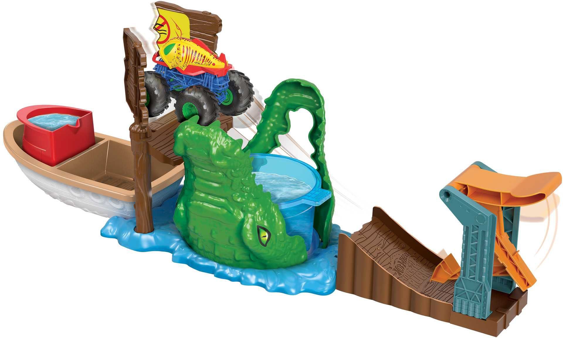 Hot Wheels Spielzeug-Boot Monster Trucks Color Shifters Sumpf-Attacke mit Farbwechsel-Auto
