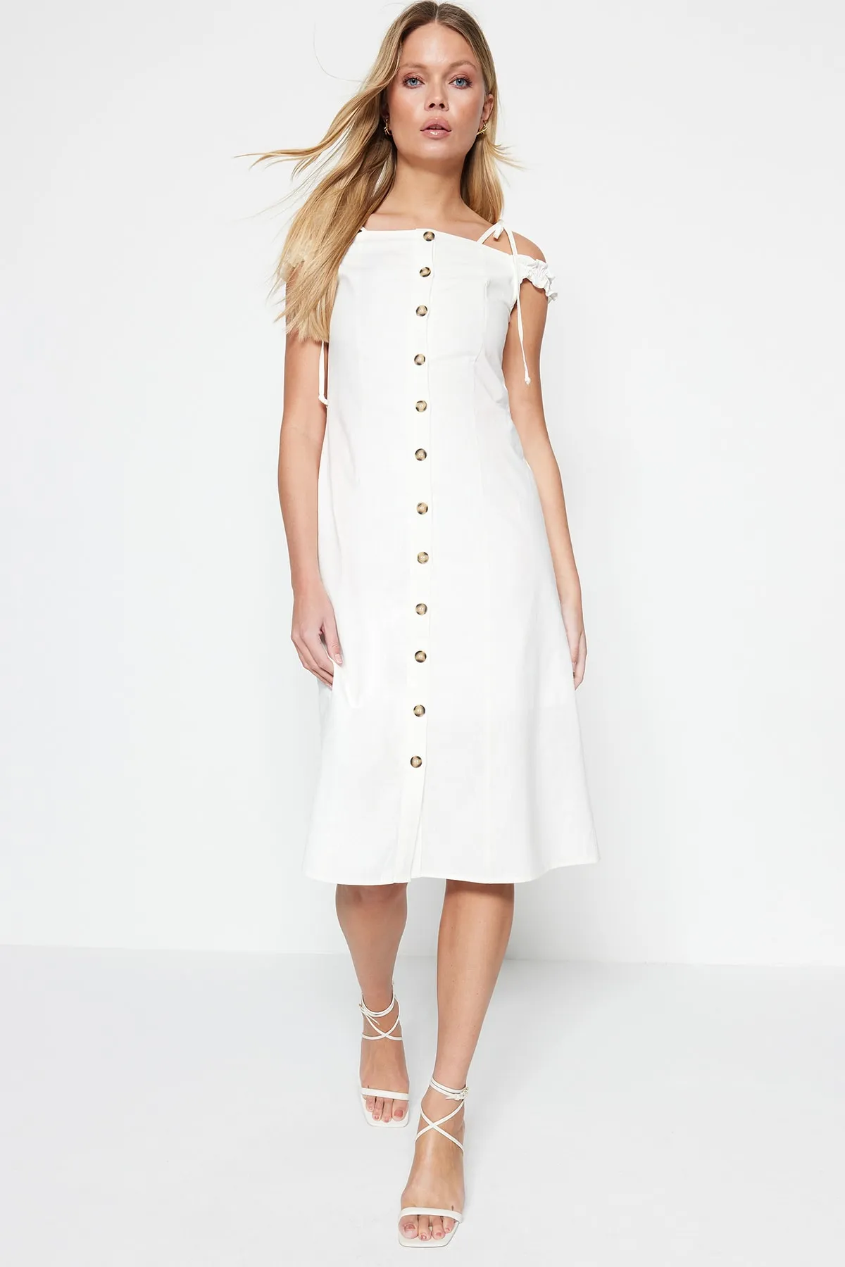 Trendyol Collection  Ecru Tall A-Cut Midi Woven Carmen Collar Woven Dress TWOSS22EL00357