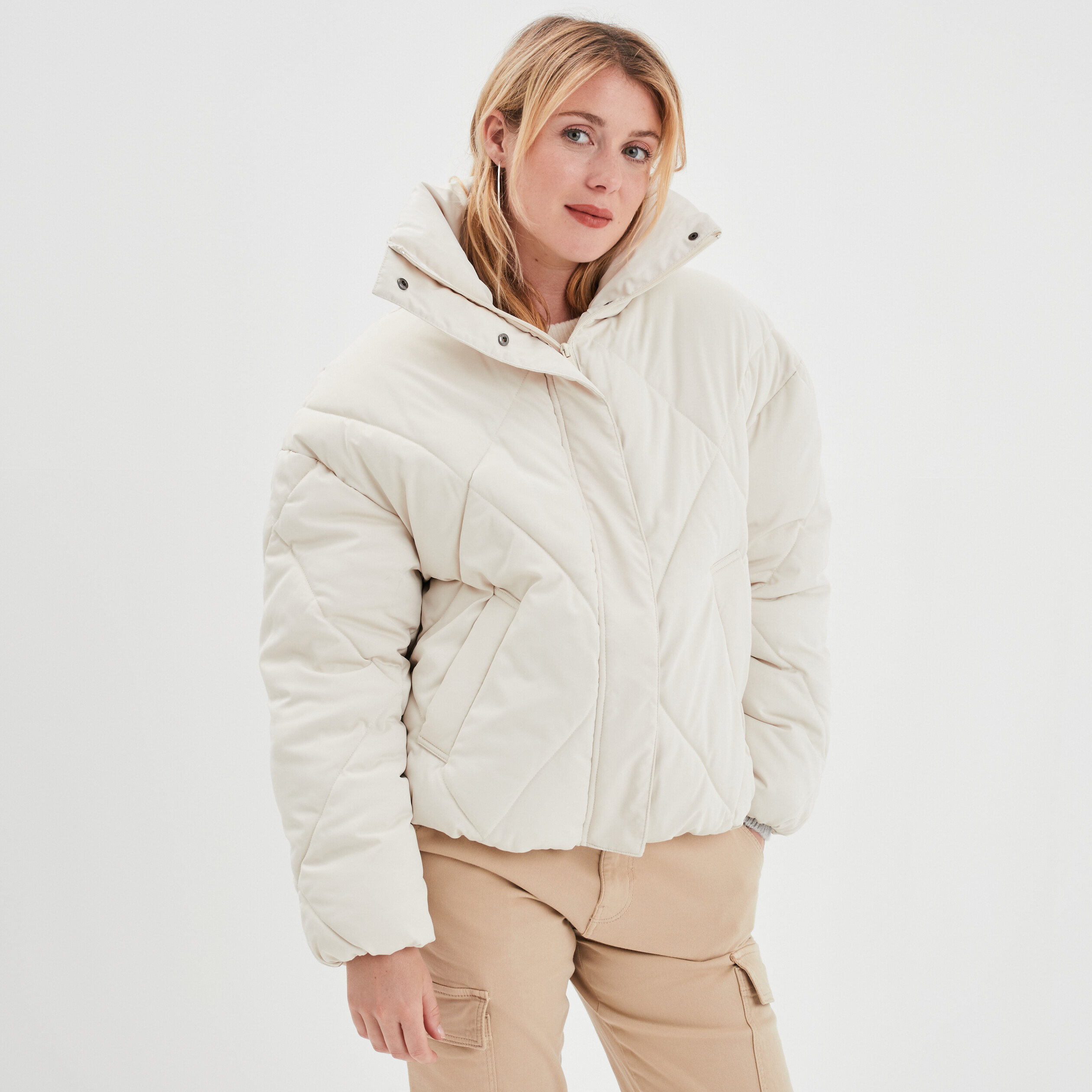 Doudoune col montant zippée ecru femme | La Halle