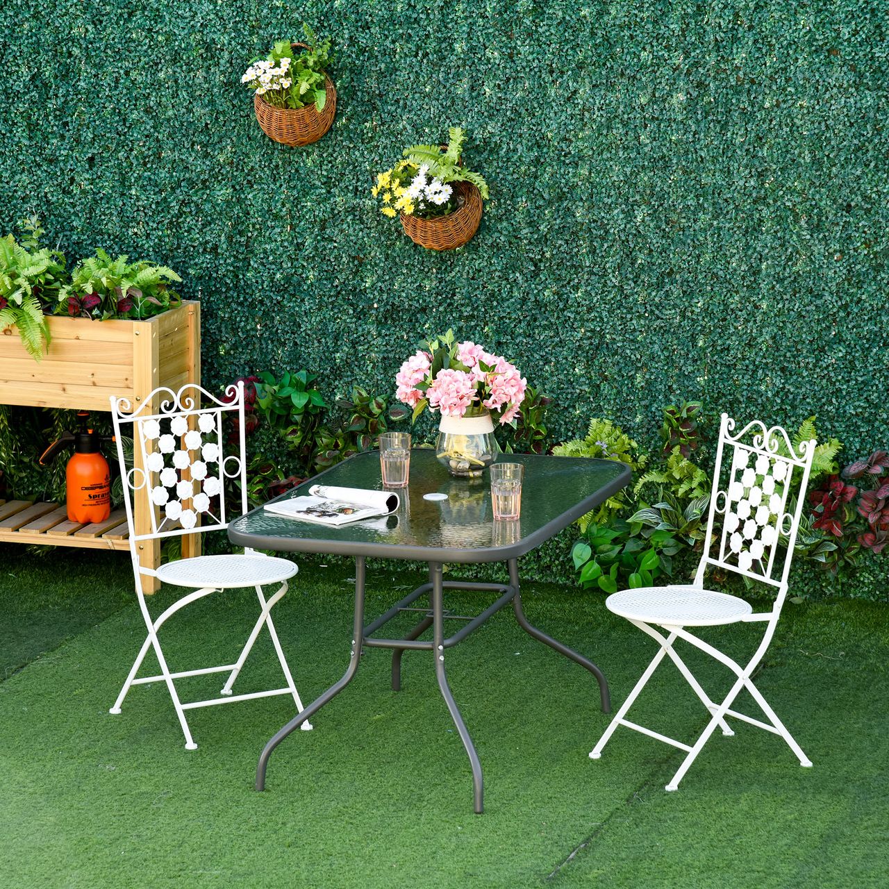 Outsunny Gartentisch Bistrotisch Balkontisch Garten Beistelltisch Bistrotisch Gartenmöbel mit Glasplatte Schirmloch Hartglas   Metall Carbongrau 120 x 80 x 70 cm