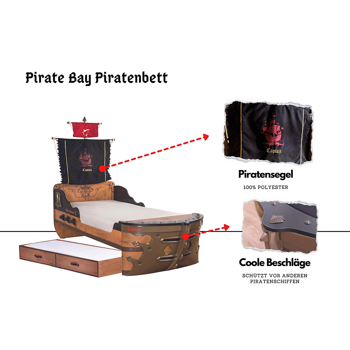 Kinderzimmer 2-teilig mit Piratenbett in Schiffsform inkl. Ausziehbett