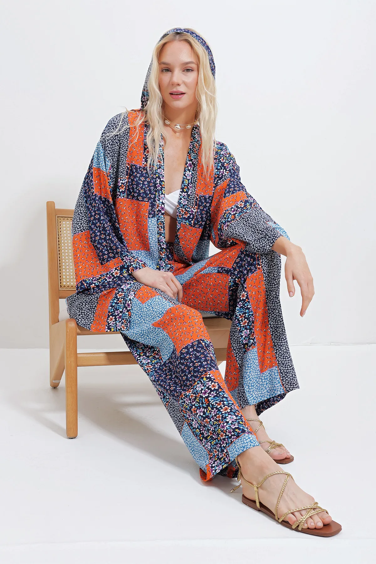 Trend Alaçatı Stili  Marineblau-Orangefarbenes Kimono-Jacken- und Palazzo-Hosen-Set für Damen ALC-X11594