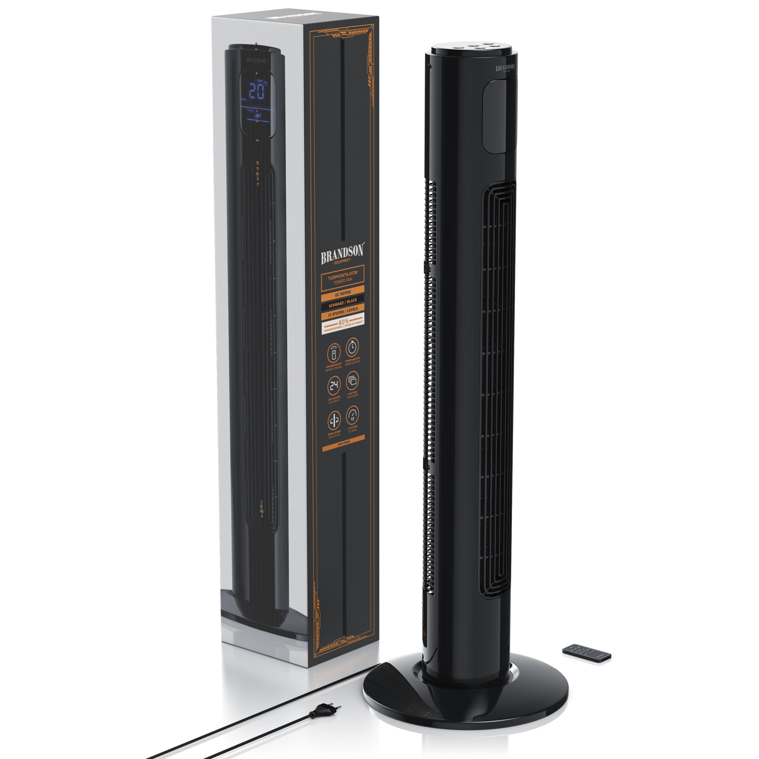 Brandson Turmventilator, 12 Geschwindigkeiten, DC, ECO, Timer, Oszillation, Fernbedienung