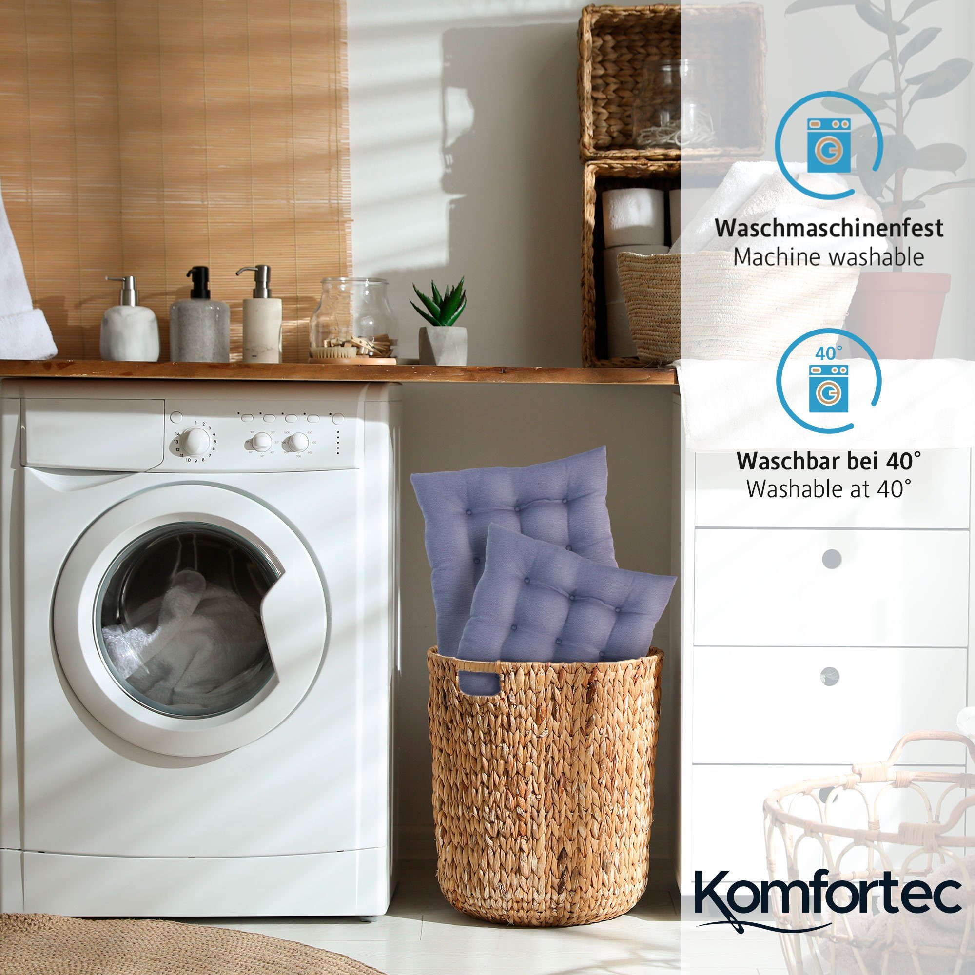 Komfortec Stuhlkissen 4er Set 40x40 cm mit Bändern, Baumwolle Sitzkissen 220 g/m², Wasserabweisend Dekokissen, Sitzauflage für Innen- & Außenbereich