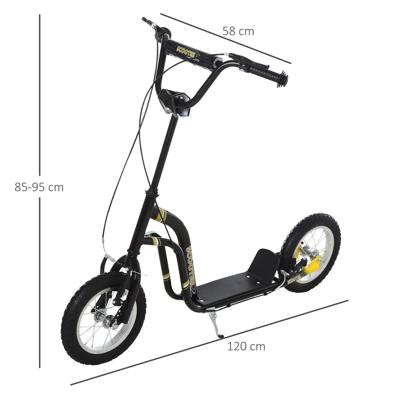 HOMCOM Kinderroller Scooter Tretroller Cityroller Kinder Roller Kickboard mit Luftreifen 12 Zoll Schwarz 120 x 58 x 85-95 cm