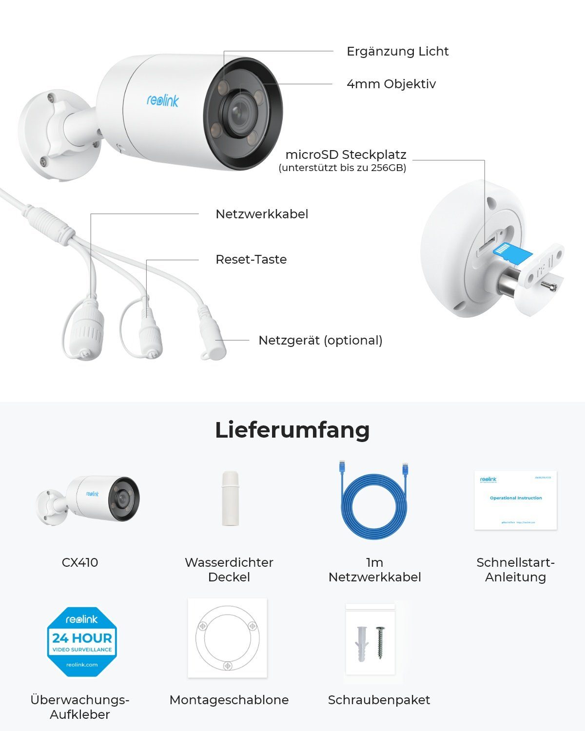 Reolink Vollfarb-Nachtsicht ColorX Series P320X 4MP Überwachungskamera (Außenbereich, F1.0 Superblende, 3000K anpassbares Warmlicht, Intelligente Erkennung)