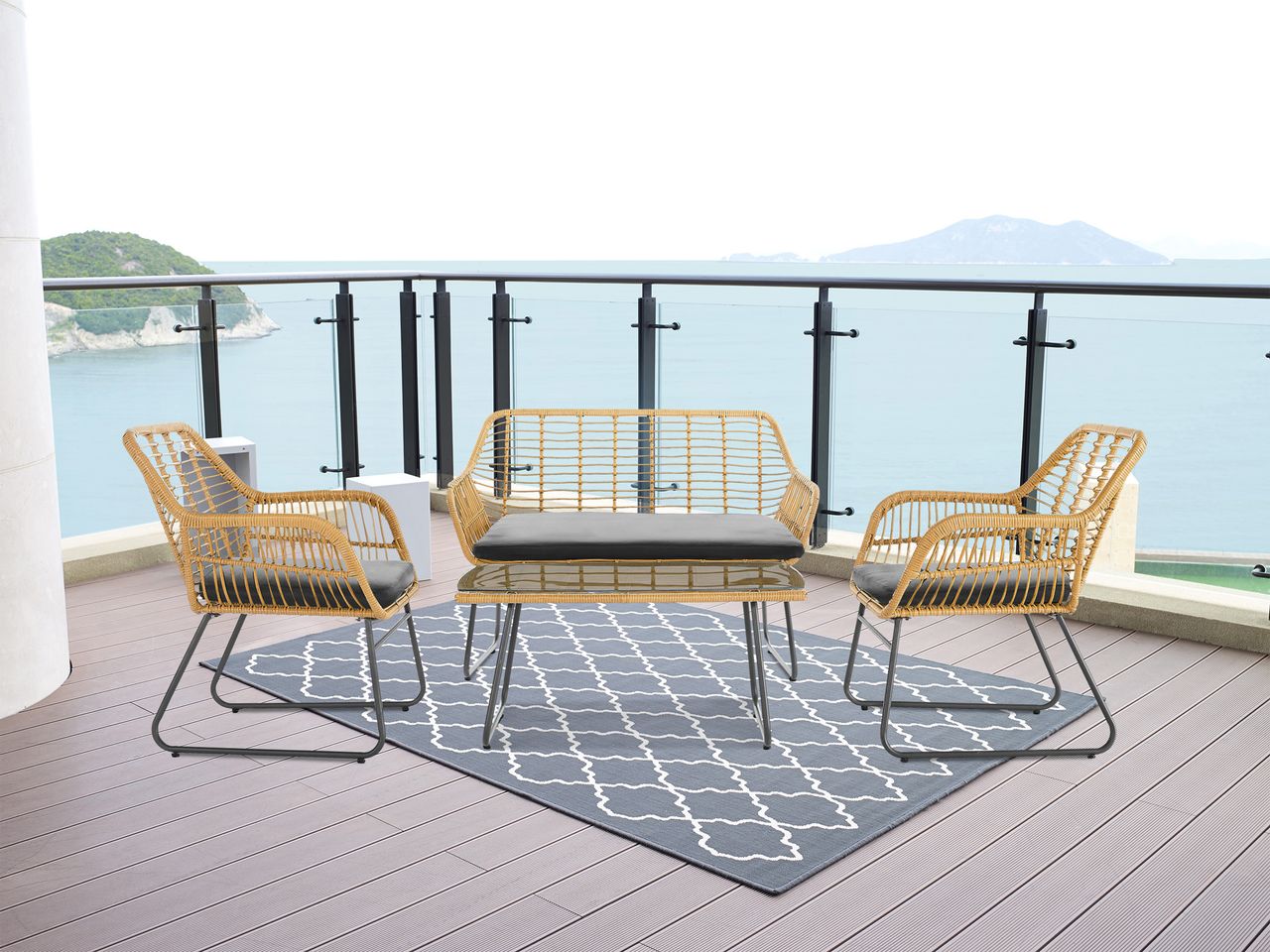 Happy Home Happy Home Lounge-Set 4tlg. HGS45-GRA helles Rattan mit Sitzkissen in grau