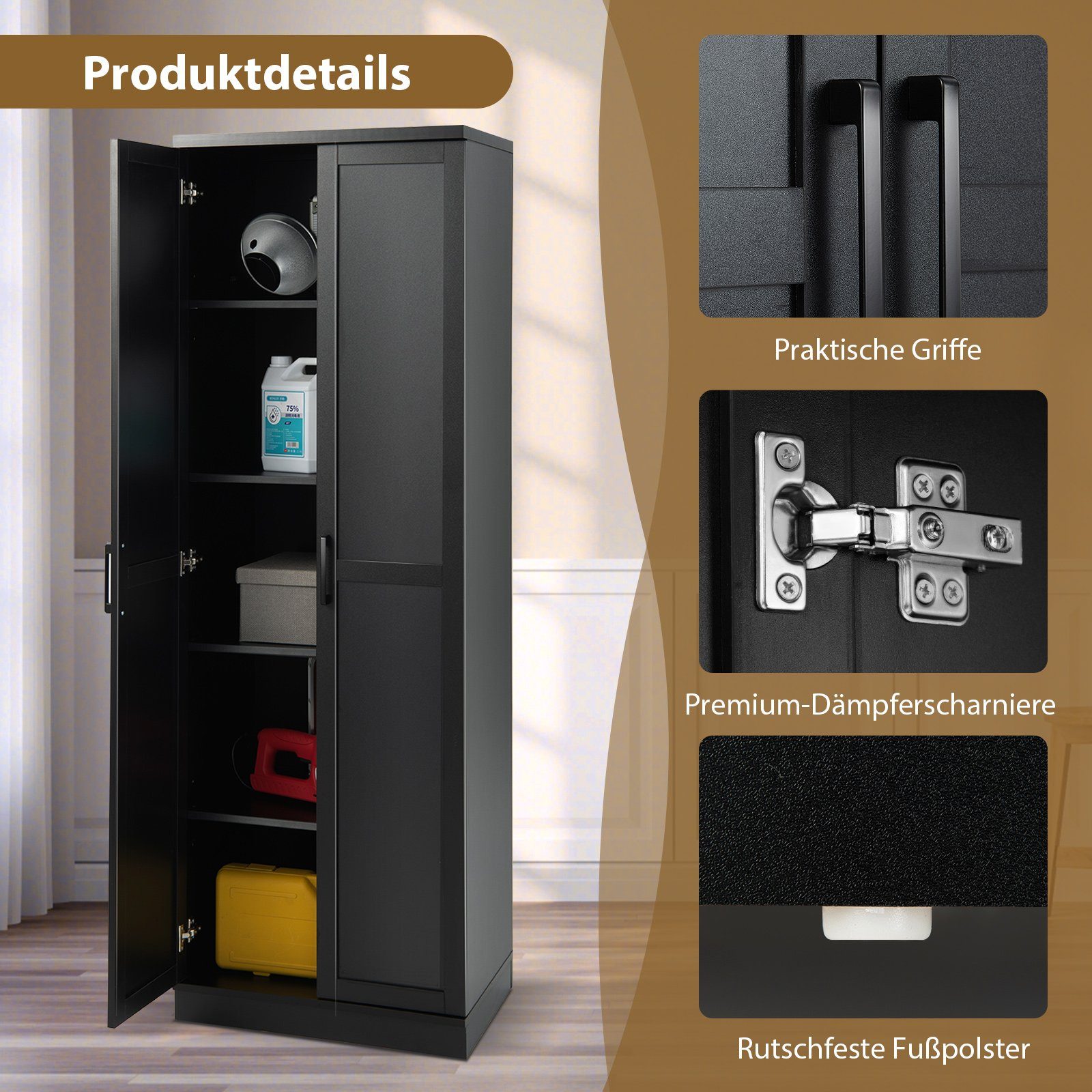COSTWAY Küchenbuffet Küchenschrank hoch, mit Türen & Regalen, 59x43,5x178cm