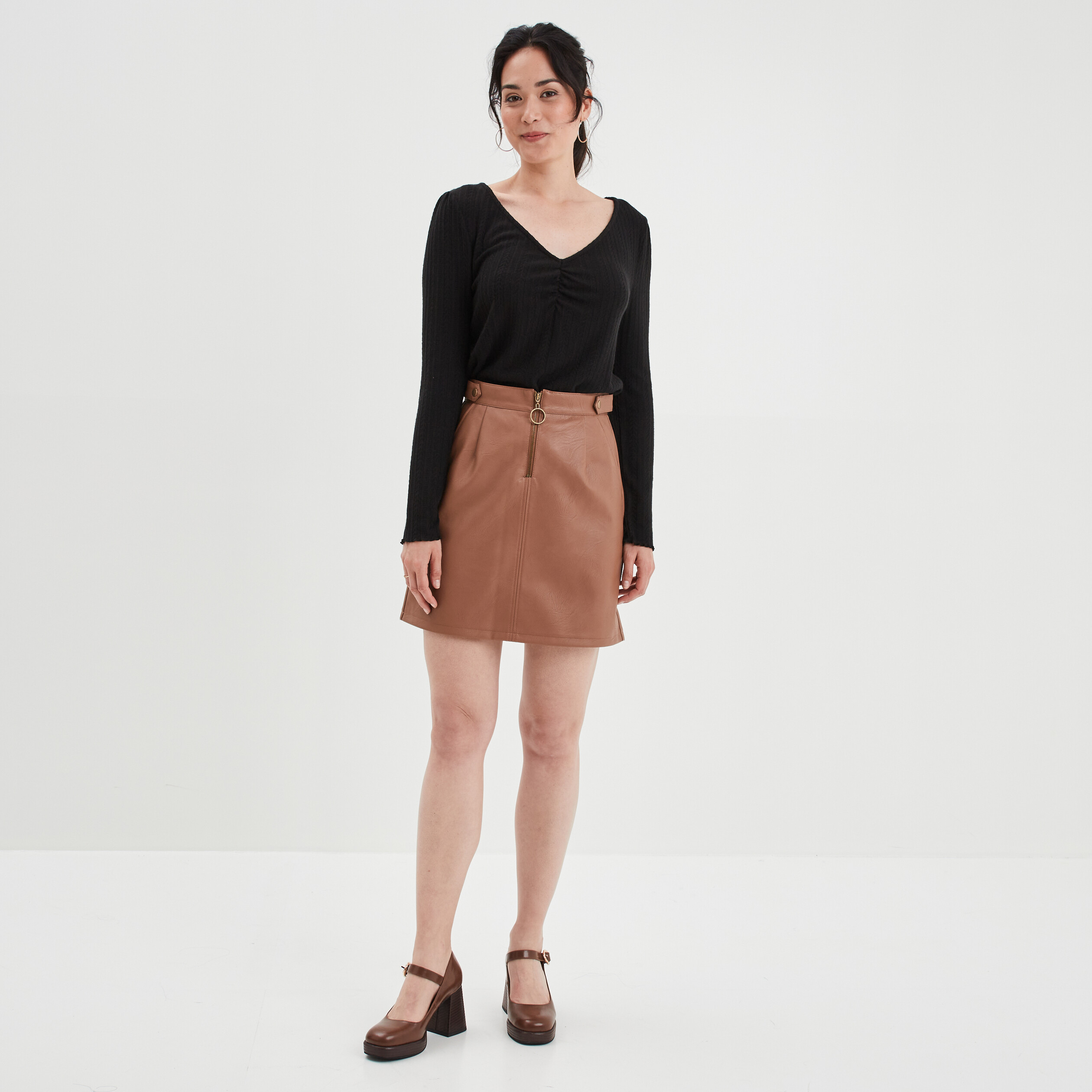 Jupe simili cuir détail zippé devant marron femme | La Halle