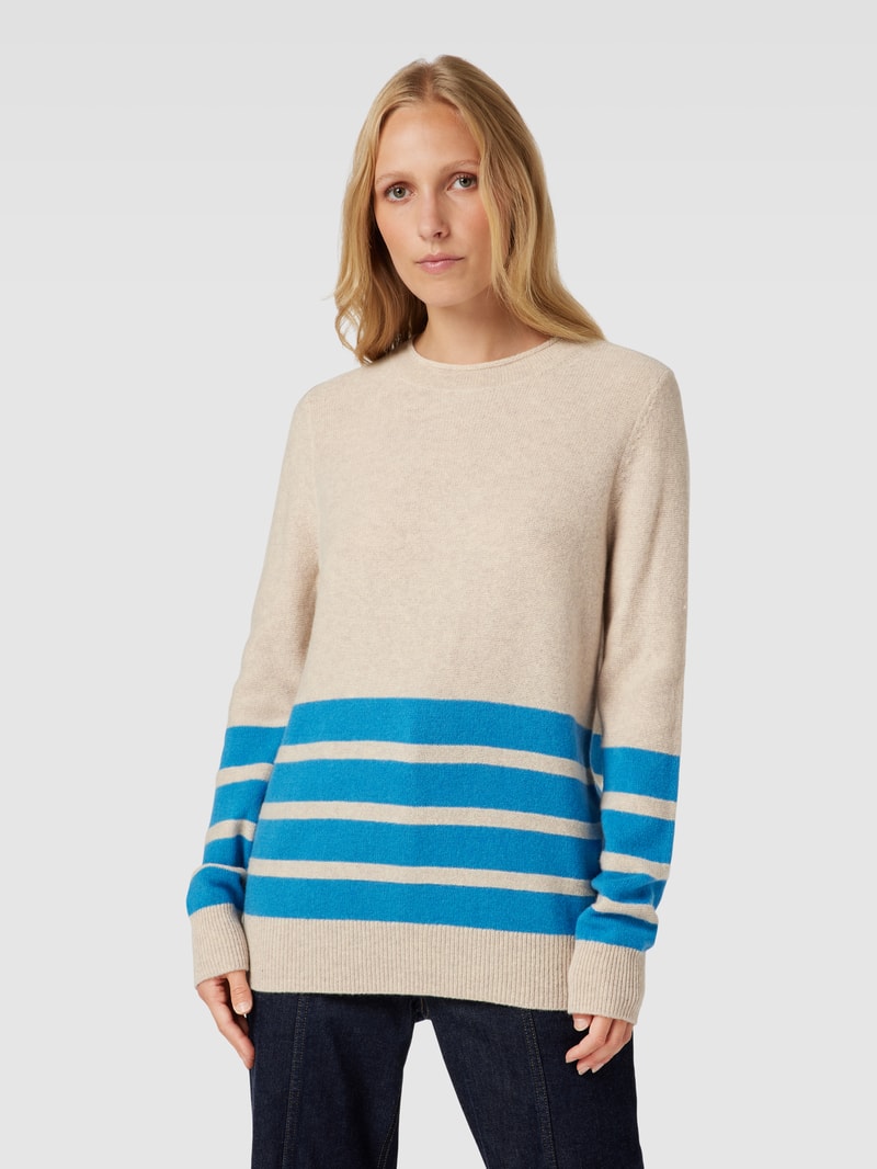 Strickpullover aus Lanawolle mit Kontraststreifen in beige meliert