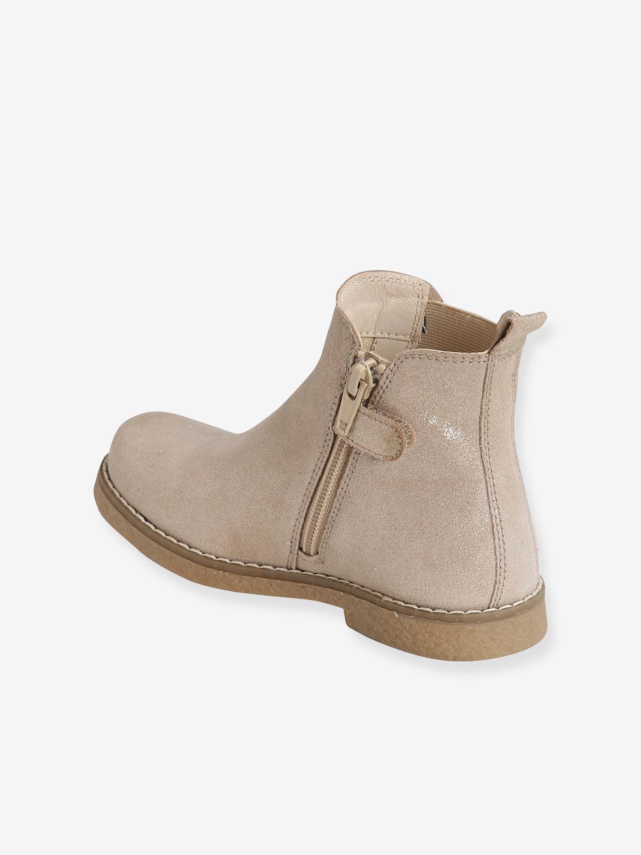 Boots cuir fille zippées et élastiquées marron irisé
