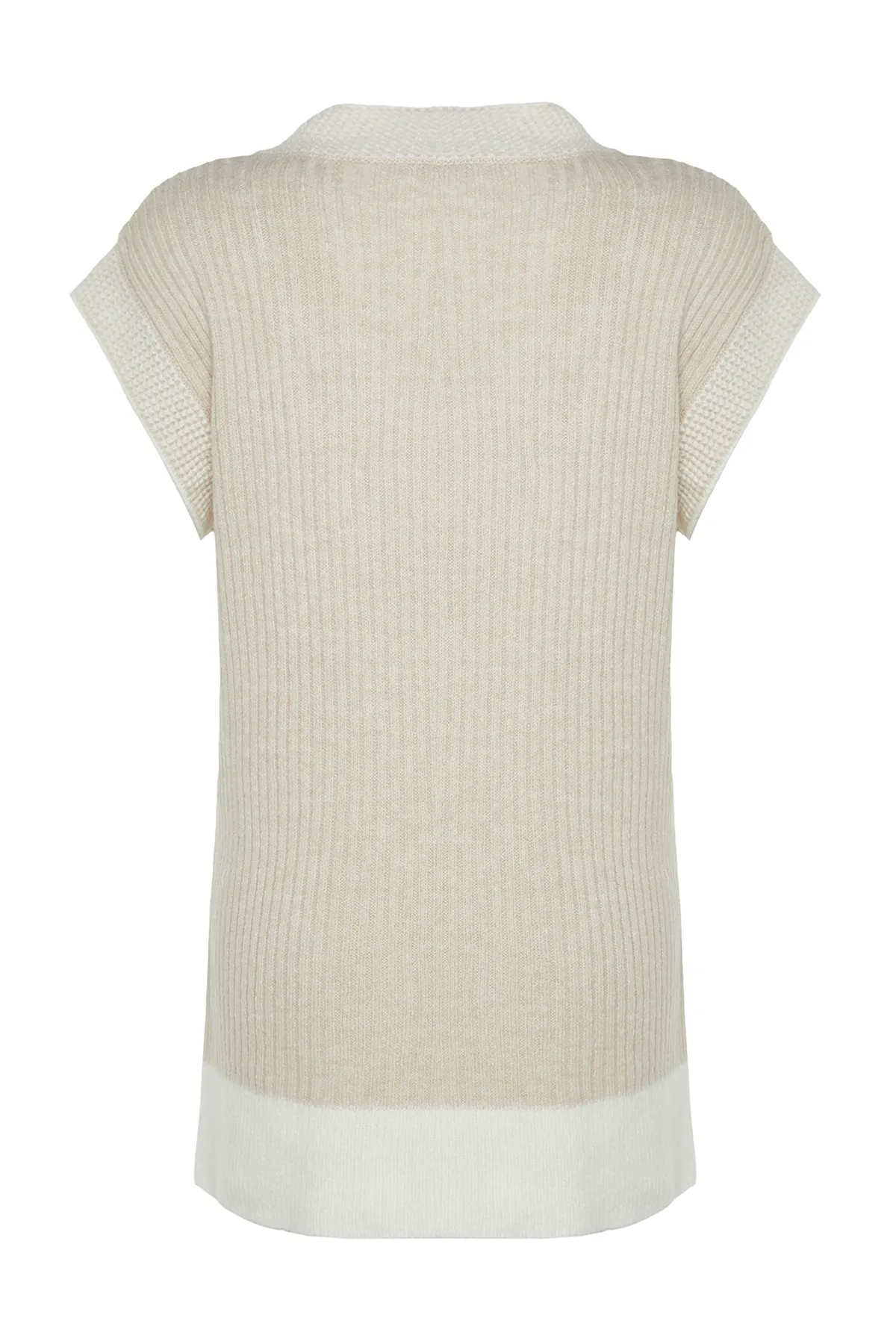 Trendyol Modest  Steinfarbener Thessaloniki-Strickpullover mit V-Ausschnitt und Blockfarben TCTAW24UV00000