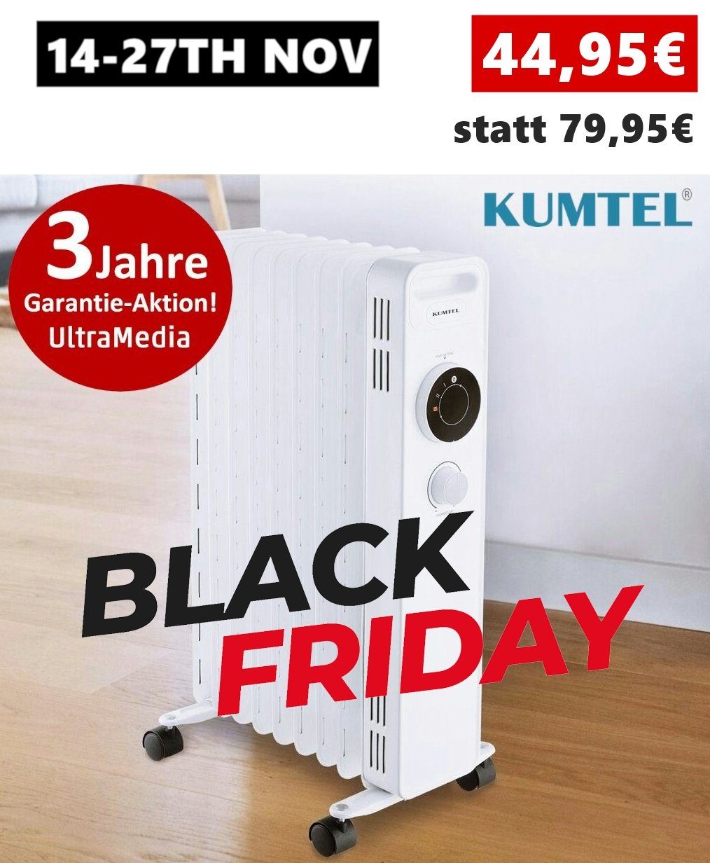 KUMTEL Ölradiator KUM-1225 Heizgerät Elektroheizung für Wohnräume, 2000 W, 9 Rippen Heizkörper, 3 Heizstufen, Energiesparend, Heizstrahler