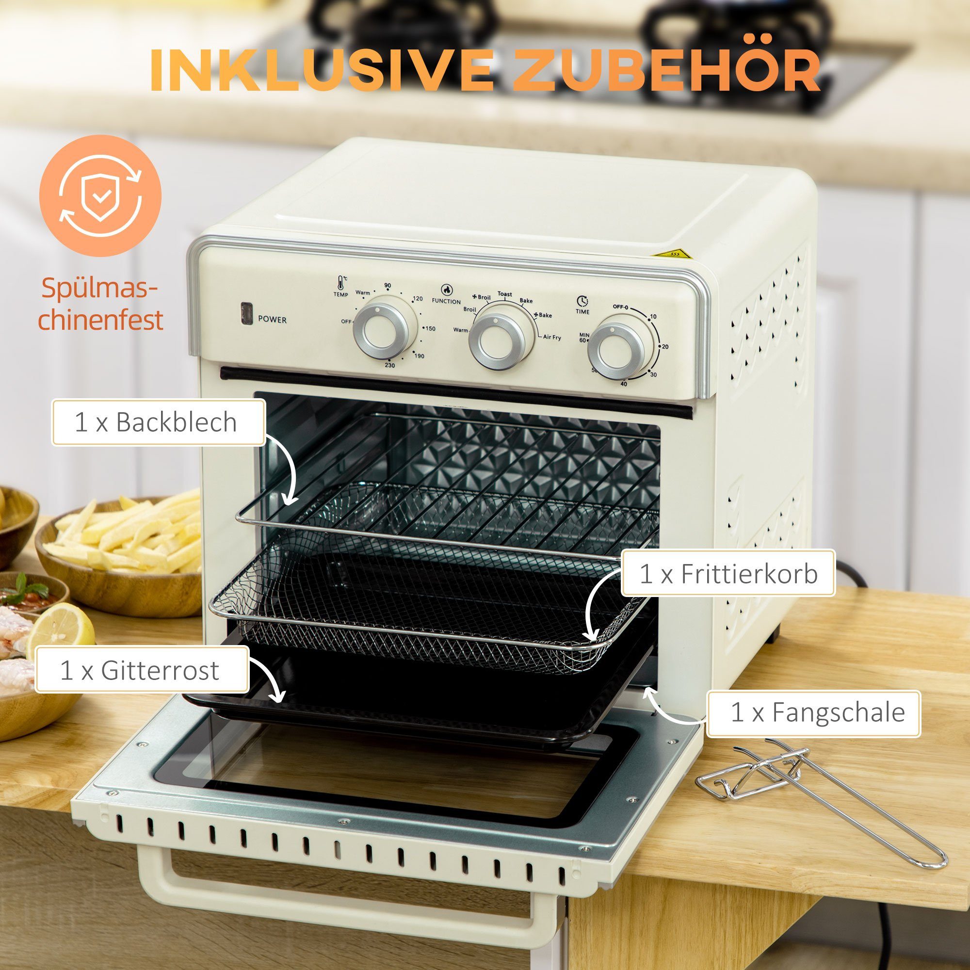 HOMCOM Minibackofen 5-in 1 Mini Ofen, 20 L Fassungsvermögen, 1400W, mit Drehspieß