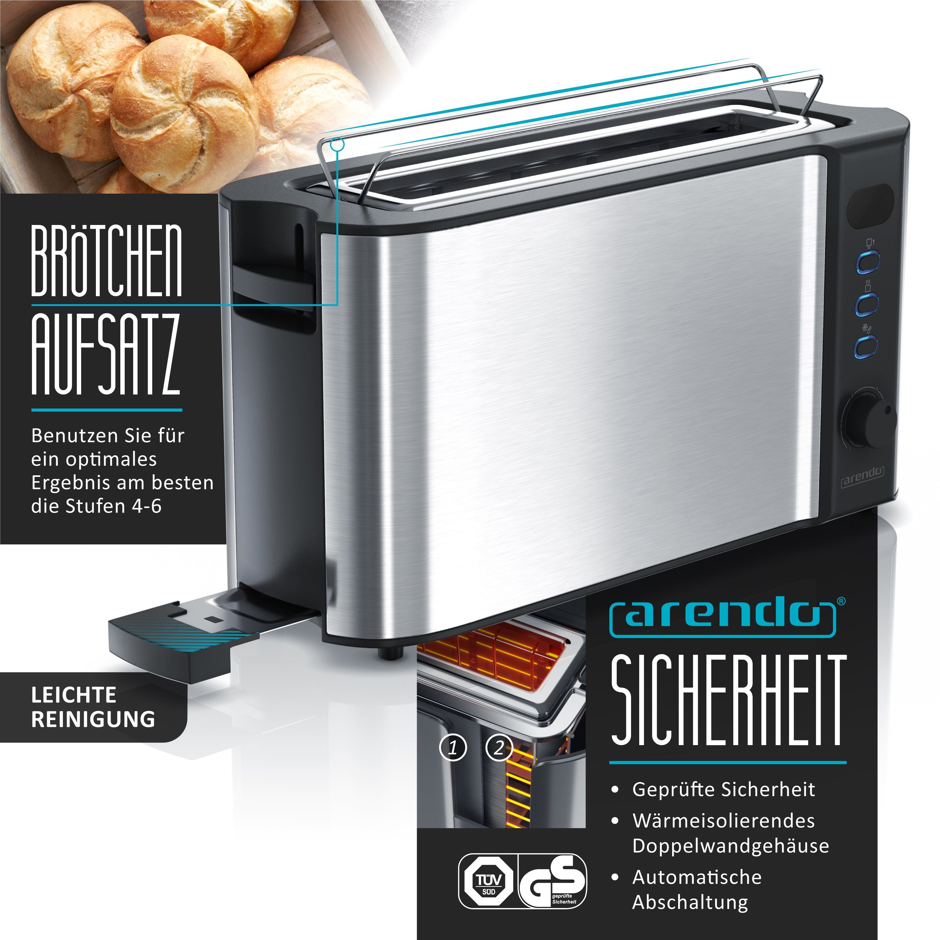 Arendo Frühstücks-Set (3-tlg), Wasserkocher 1,5l / 2-Scheiben Toaster / Eierkocher, Edelstahl, Silber