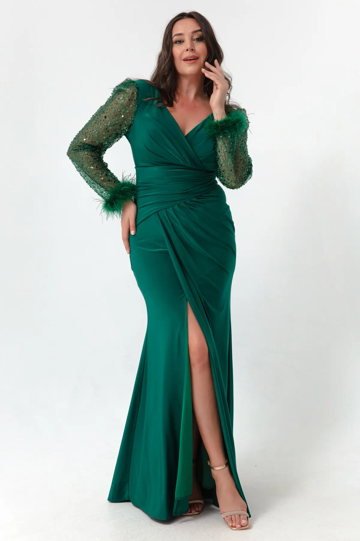 Lafaba  Smaragdgrünes Damen-Abendkleid mit V-Ausschnitt und Steinschlitzen in Übergröße