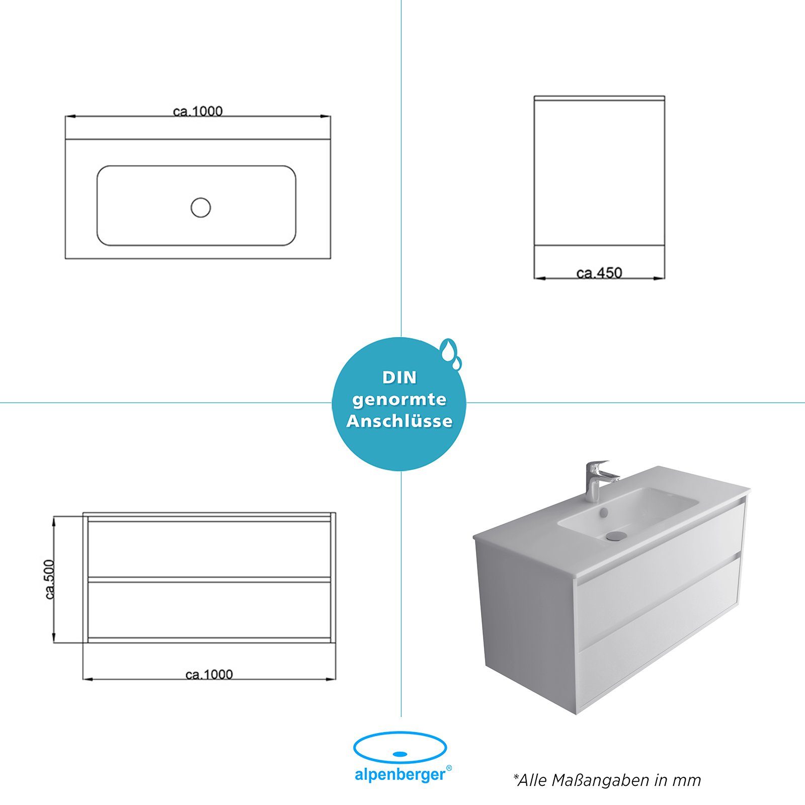 Alpenberger Badezimmer-Set - Waschplatz aus Keramik Handwaschbecken und Schrank mit 2 Schubladen, (Komplett Badmöbel Set, 2-St., Waschbecken mit Unterschrank 100cm), Soft-Close Badunterschrank Weiß hängend & vormontiert