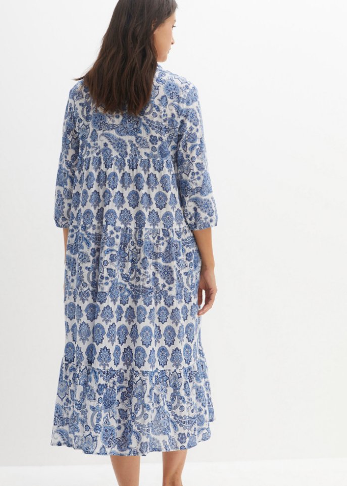 Crincle- Baumwollmidikleid mit Taschen und 3/4- Arm