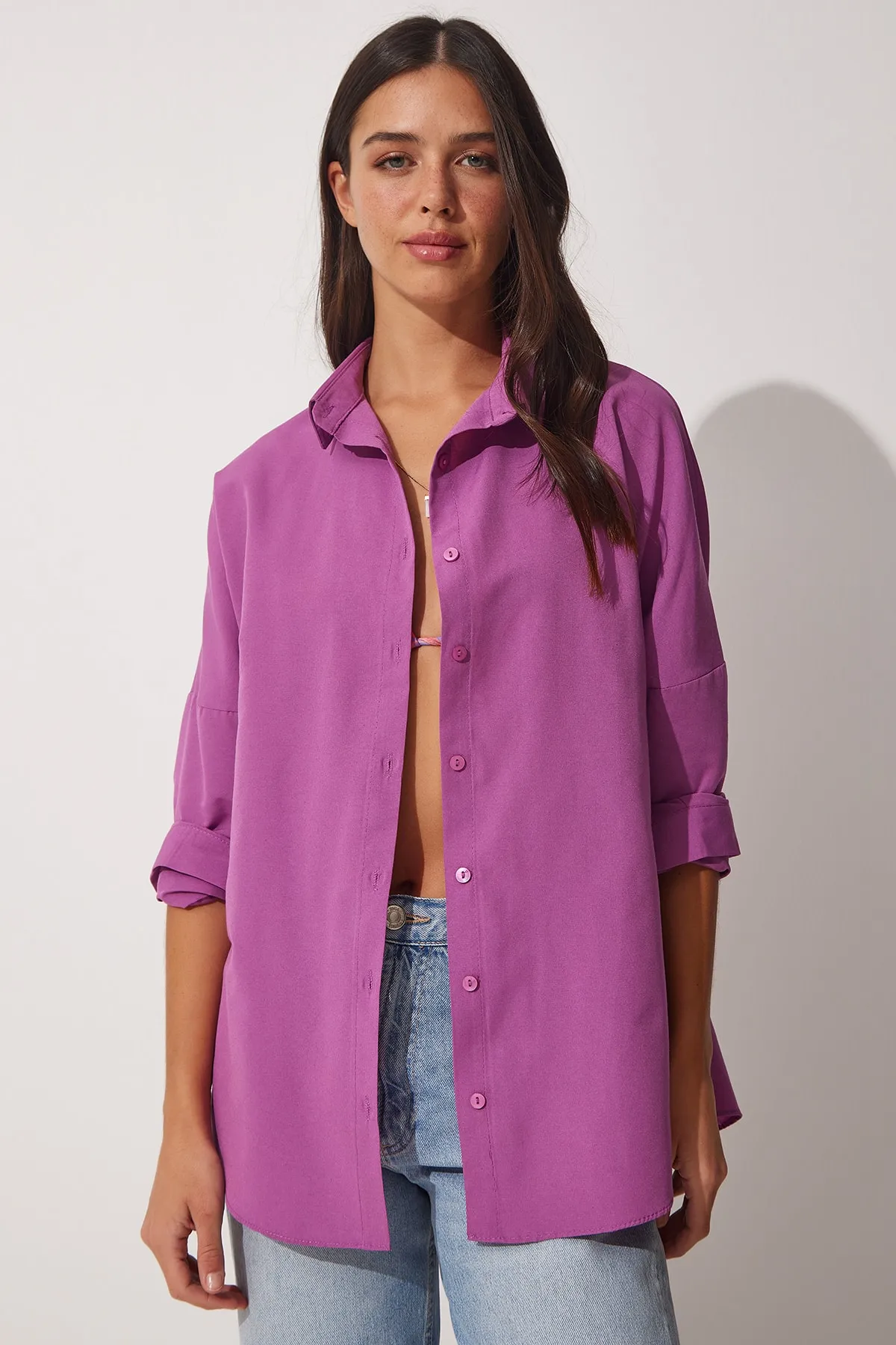 Happiness İstanbul  Damen Mittelflieder Oversize Langes Basic Shirt DD00842
