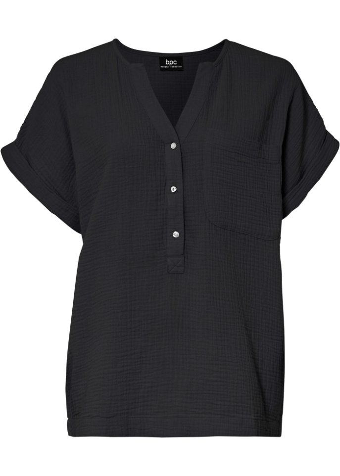 Musselin-Bluse mit Knopfleiste und Tasche